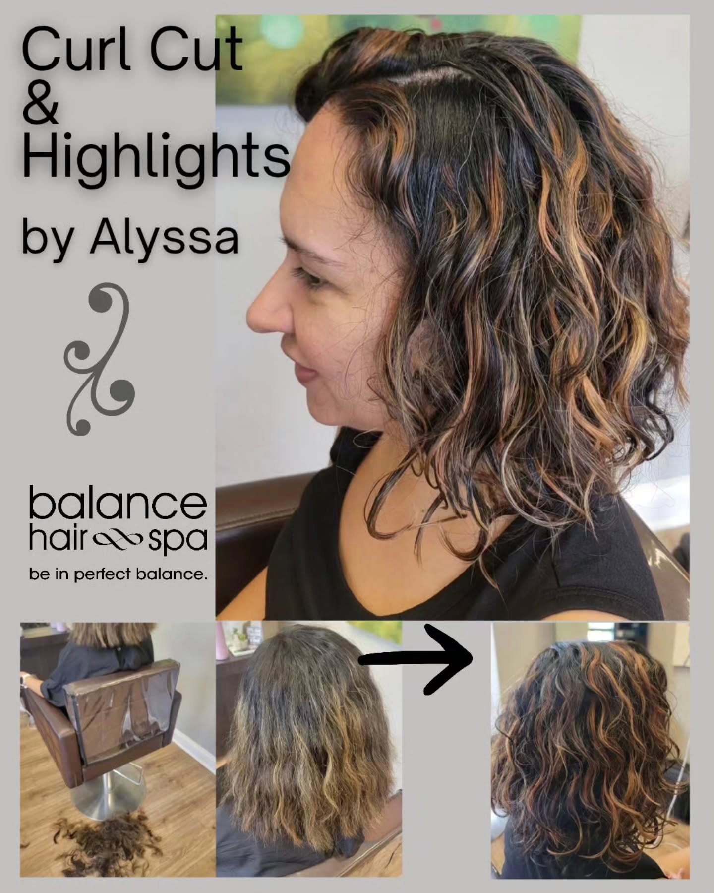 Our hair designer, Alyssa, helped this client revive her hair. She started with a big cut, taking away the weight that kept her curls flat and dull. Then adding some highlights for dimension.  Let Alyssa help you revive your hair too. Make an appoint