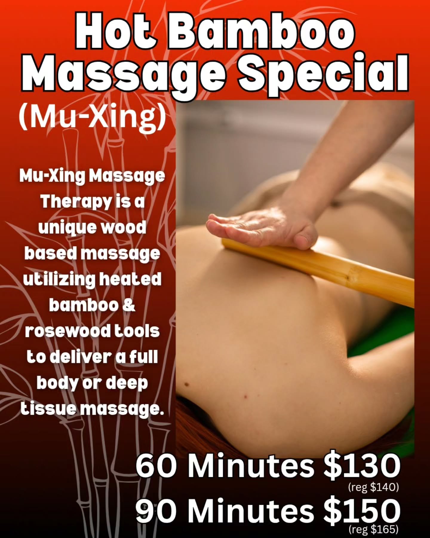 Hot Bamboo massage (mu-xing) is excellent for those who appreciate deep tissue work. Our massage therapist, Sue, Incorporates bamboo and rosewood tools to go deeper than traditional massage. Feel the difference for yourself. Make an appointment at 
h