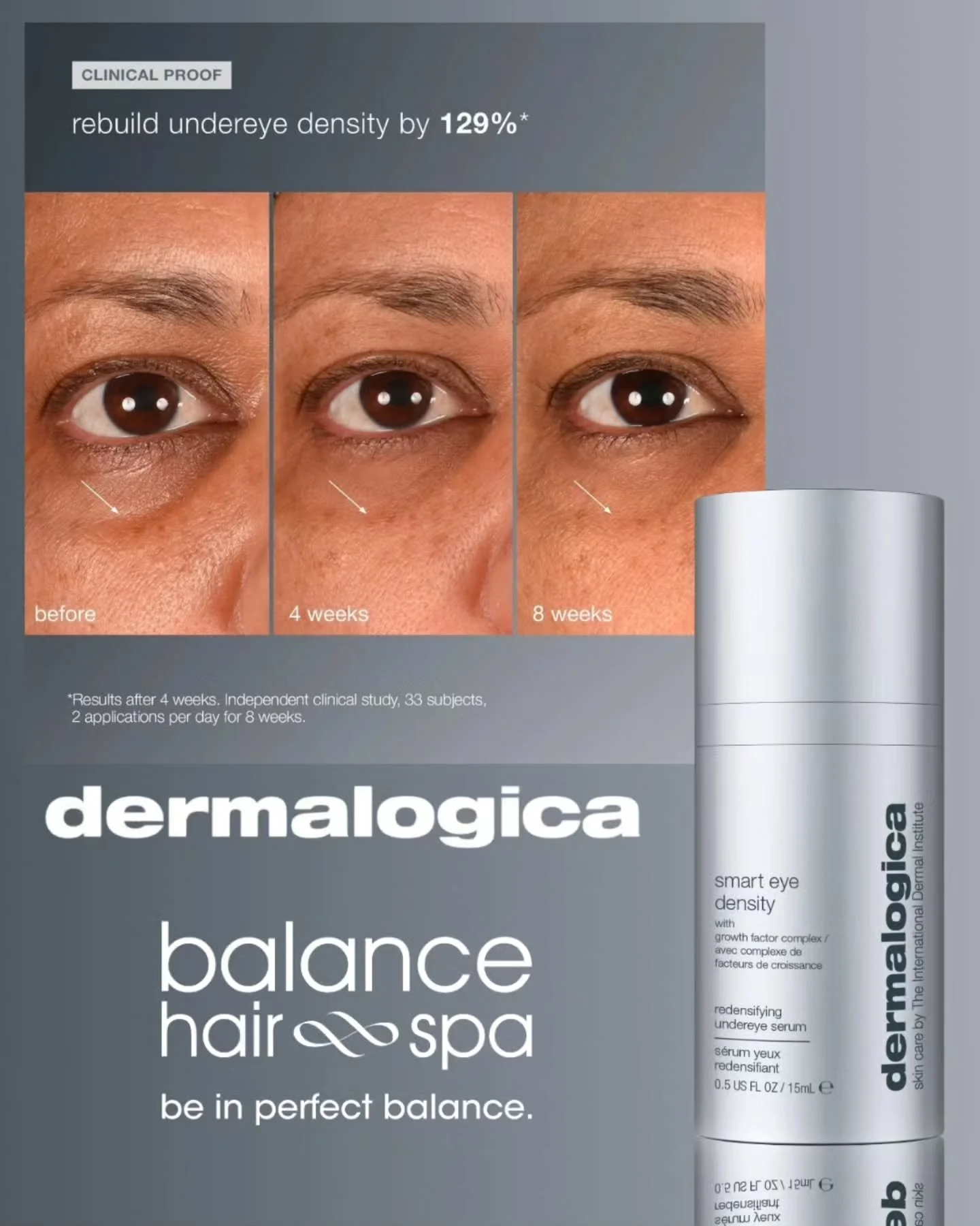 New Smart Eye Density by Dermalogica helps with the visible signs of aging around the eyes, hollow or sunken-looking undereyes, fine lines + wrinkles, thinning skin, &amp; dark circles.
This biointelligent eye serum helps reduce the appearance of dar
