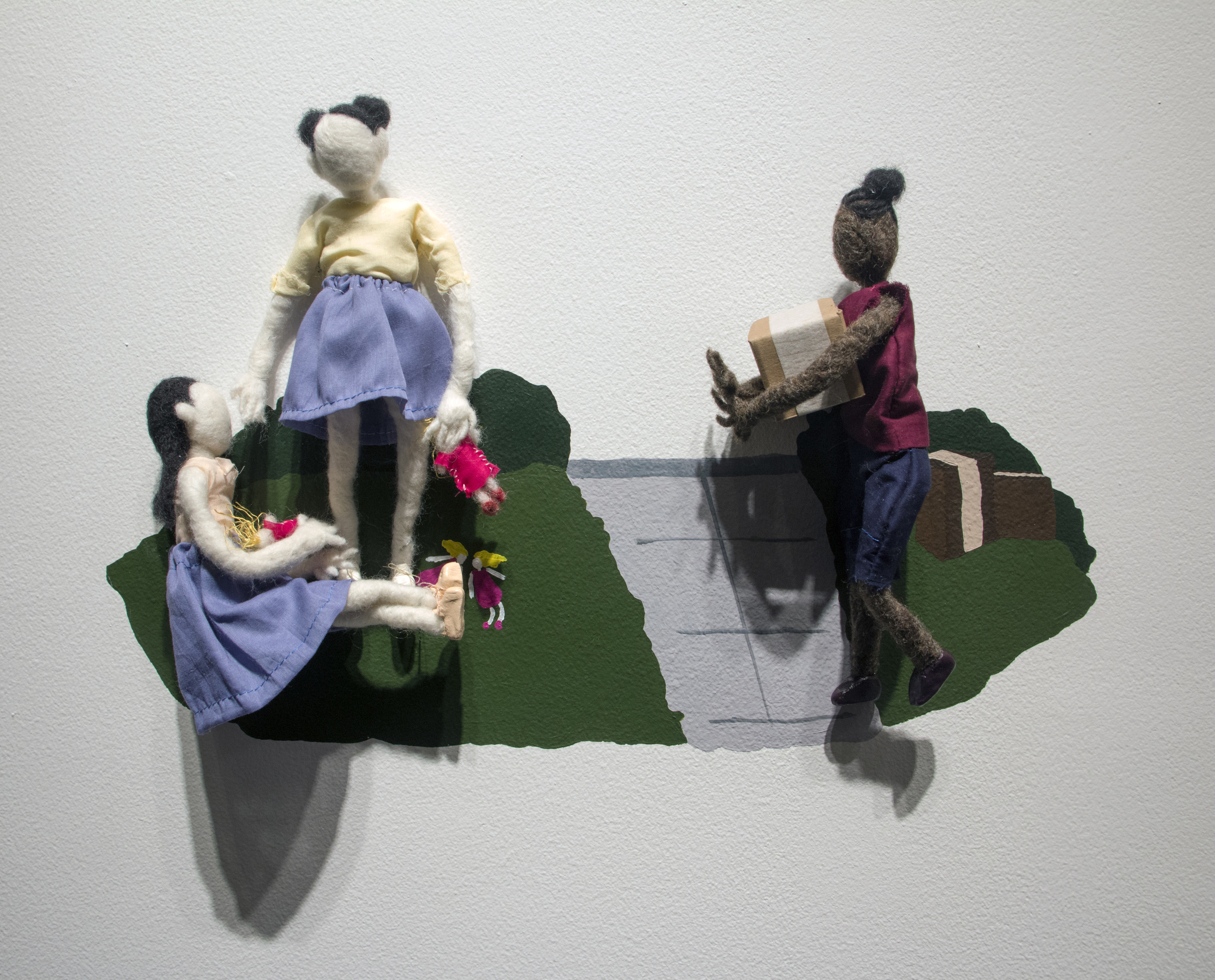 I Unpacked While They Played With Their Dolls | wool, clay, cotton, wire, acrylic paint | 21 x 13 x 4 inches | 2016