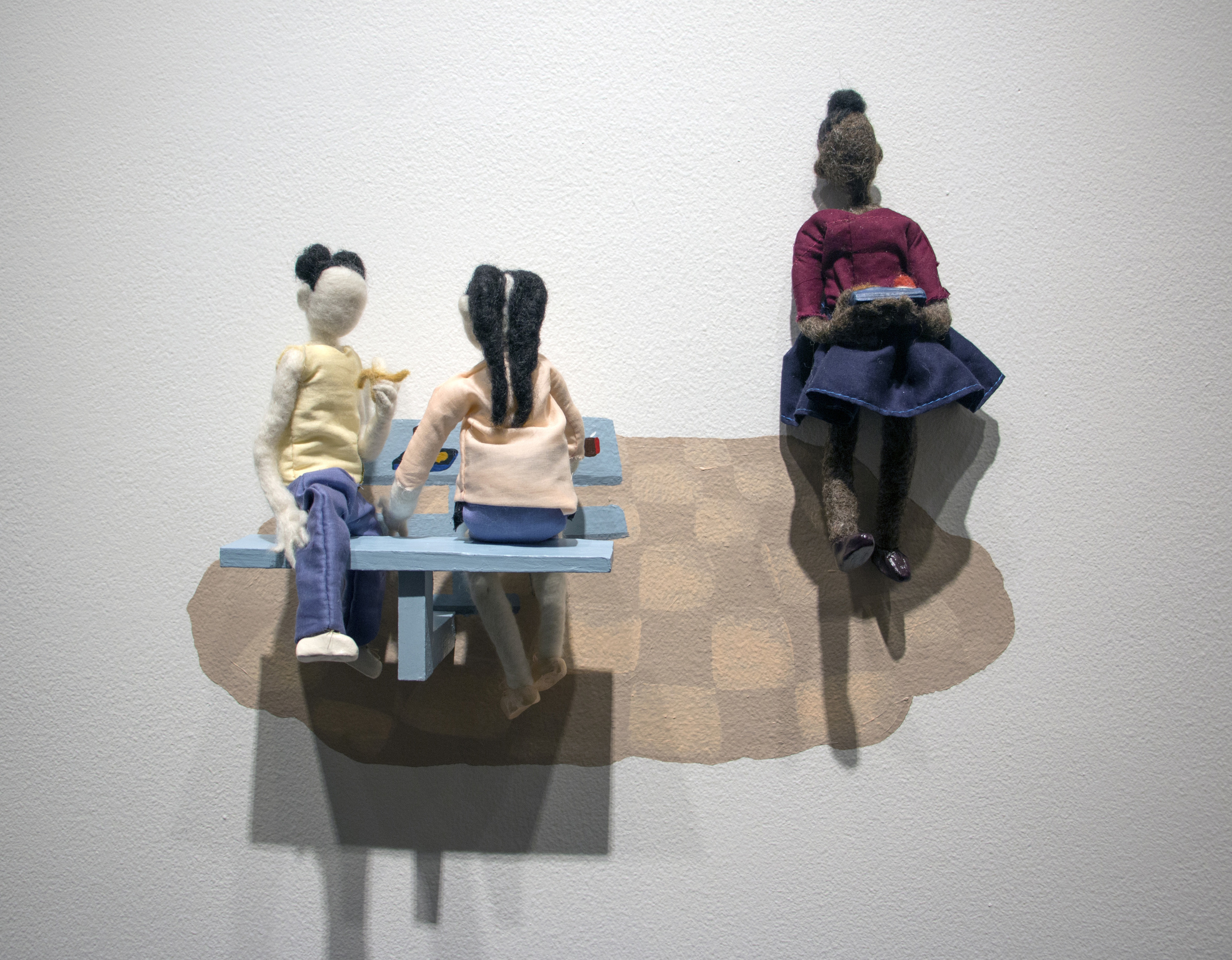 I Walked Alone While They Ate Their Lunch | wool, wood, clay, cotton, wire, acrylic paint | 17 x 13 x 4 inches | 2016 