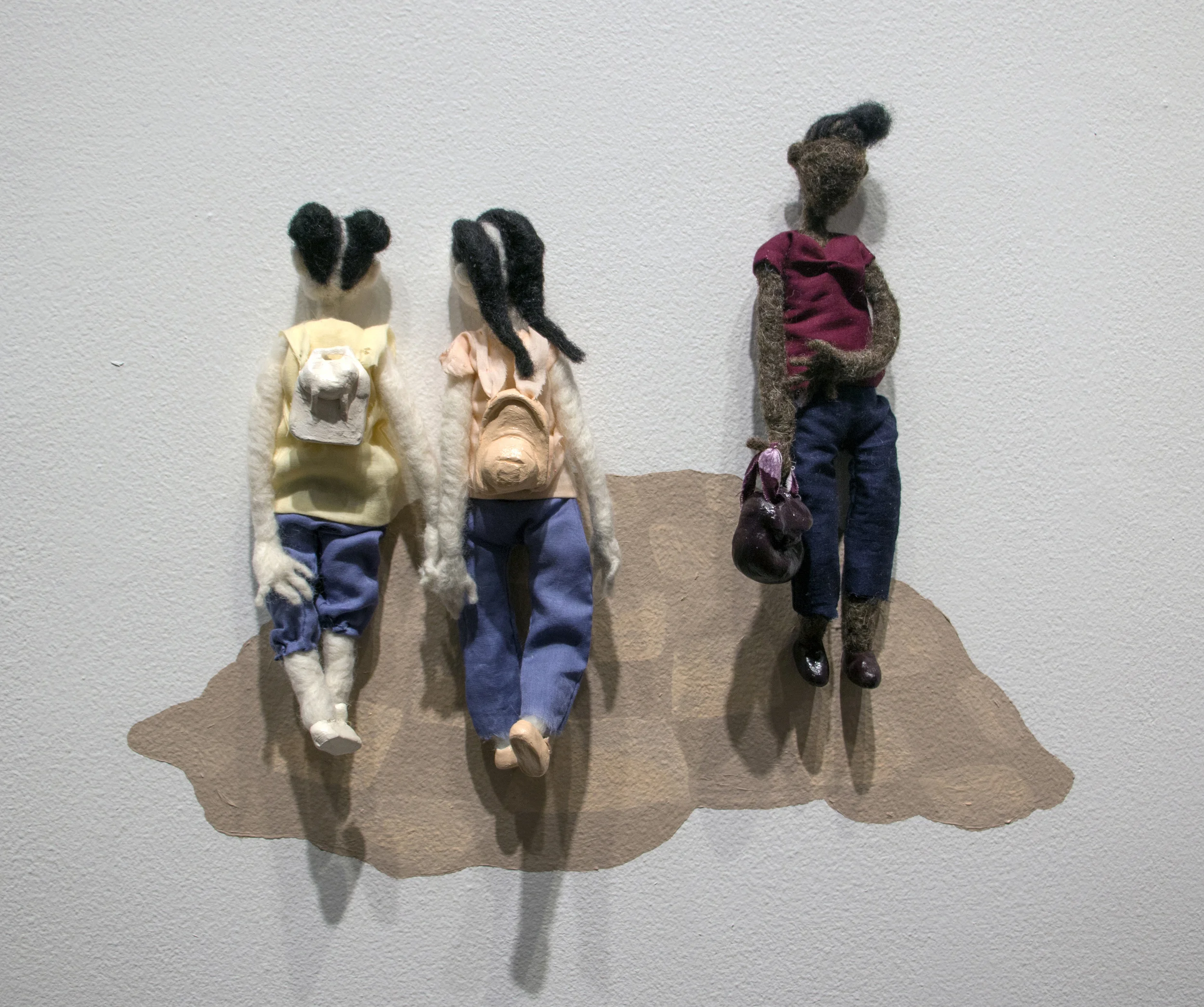 I Looked Away as They Held Hands Down the Hall | wool, clay, cotton, wire, acrylic paint | 17 x 14 x 3 inches | 2016 