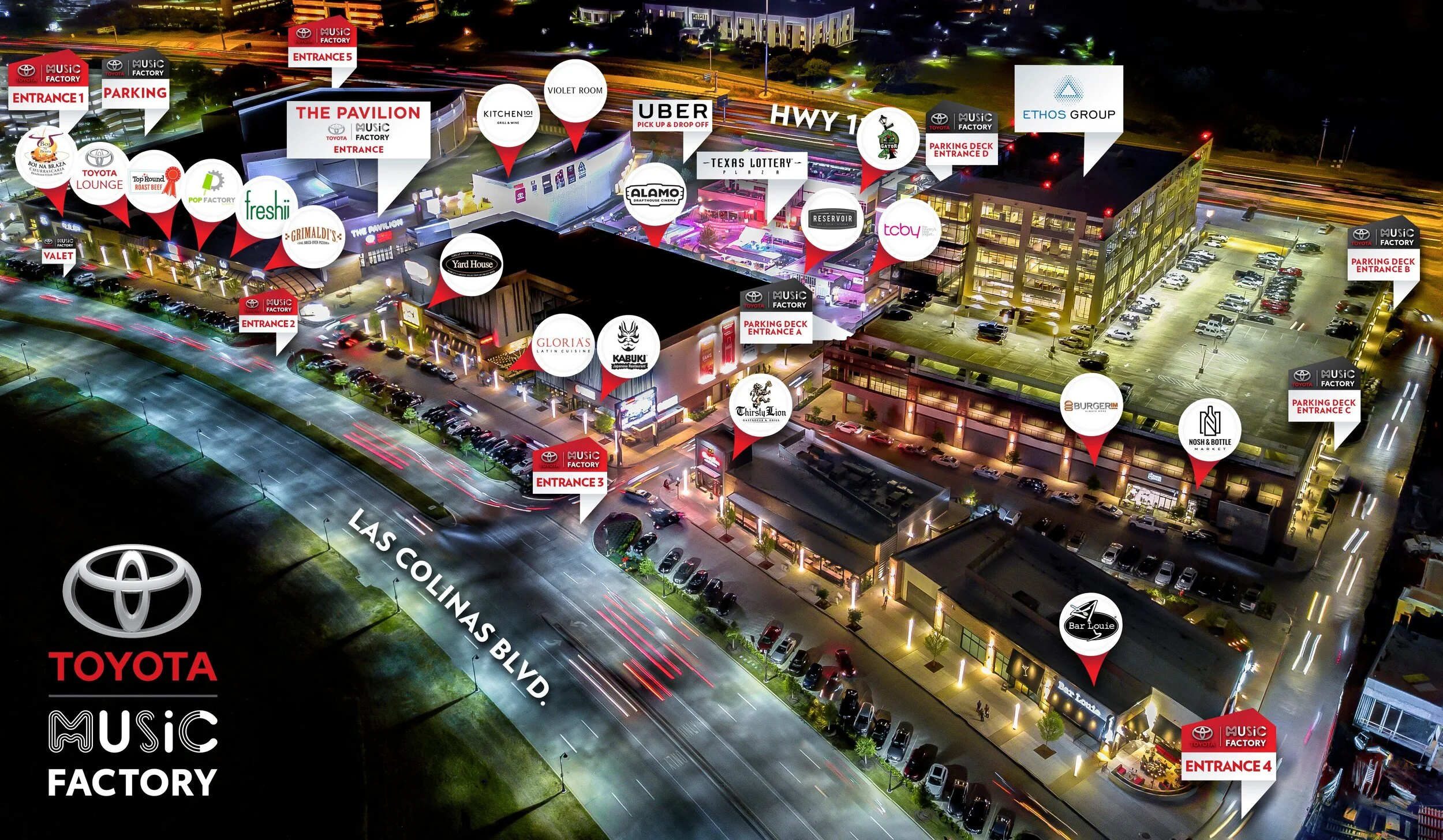 Irving Frost 5K parking will be at the two parking garages next to the venue shown in the map. There is an entrance through the back on the 114 service road. Conveniently come and go!!