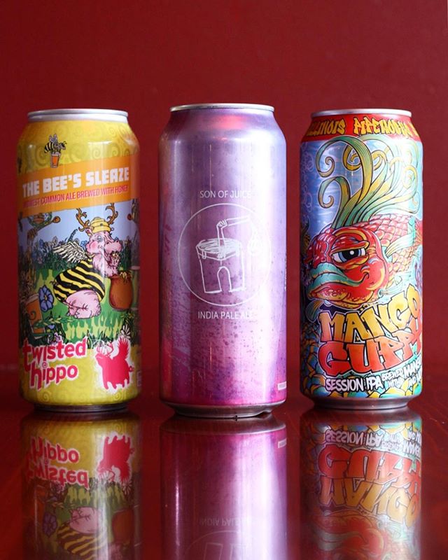 Three local can options we&rsquo;re diggin at the moment: @twistedhippo Midwest Common Ale brewed with honey, @maplewoodbrew super juicy Hazy IPA, and @pipeworksbrewing Session IPA brewed with mango.