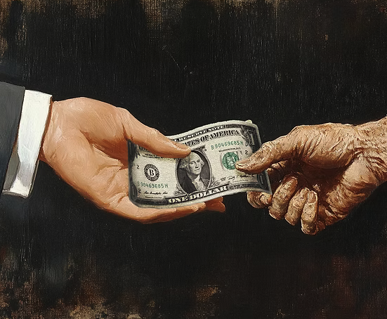 A painting showing two hands exchanging a one hundred dollar bill for a sci-fi short story written by Jack Loftus.