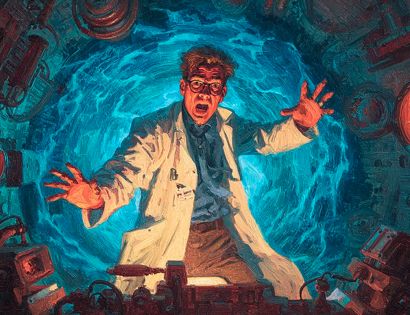 Cartoon-style illustration of a man in a white lab coat with glasses, appearing surprised or alarmed, surrounded by scientific equipment and glowing blue tunnel for an original sci-fi short story by Jack Loftus.