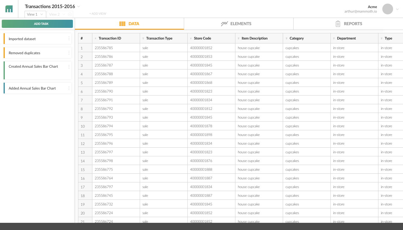 The above design shows one of the suggested interfaces. Clearly presenting the 3 core actions (data, charting/elements and reports) in distinct views. Next to the core actions the UI also showed a clear timeline of actions on the left.