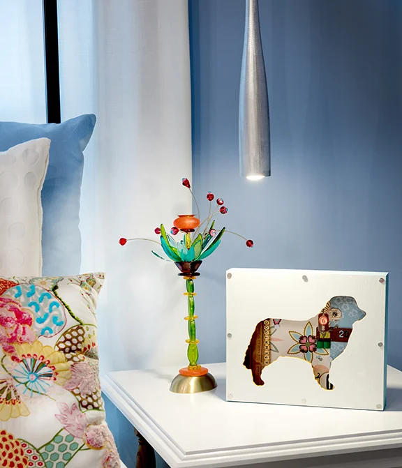   Children's Bedroom—custom pendant light made from an aluminum bat.  