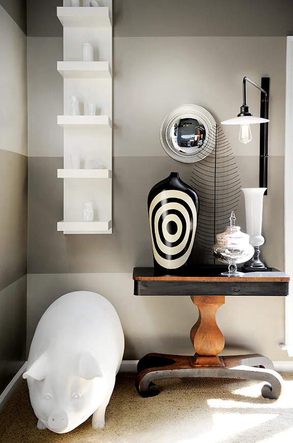   Great Room—client collection, including a full-scale fiberglass pig.  