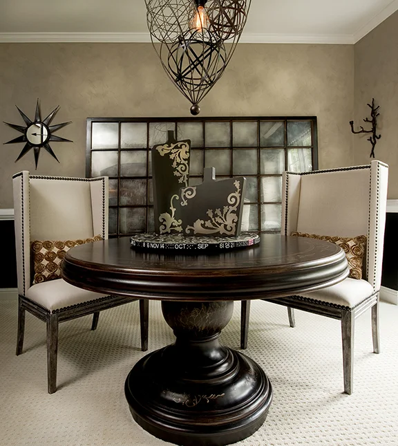   Dining Room—mirrored warehouse window &nbsp;&amp; custom light fixture. 