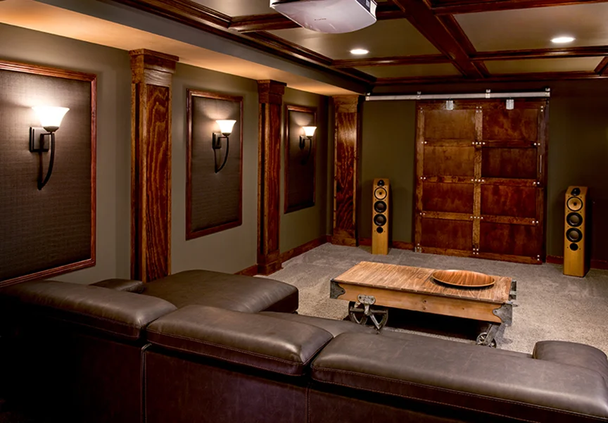   Home Theater—custom barn door, shallow coffered ceiling&nbsp;&amp; millwork.  