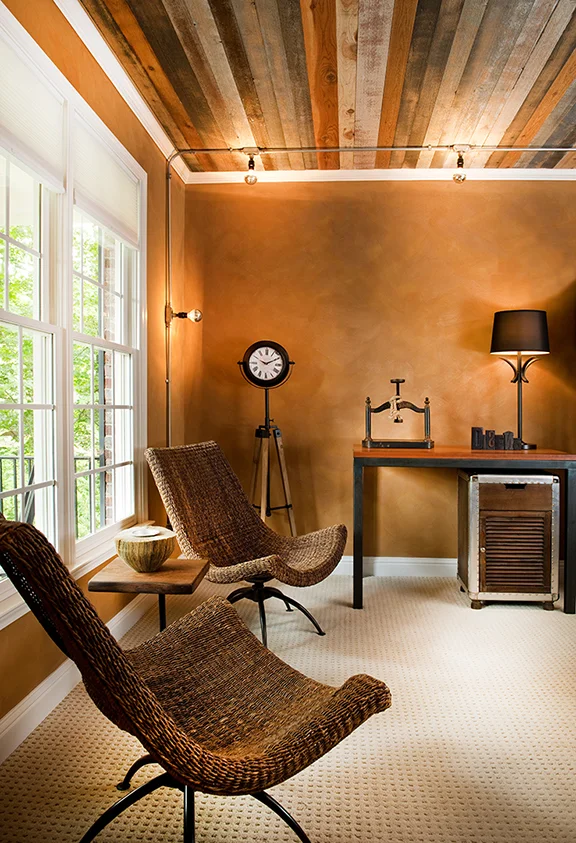   Home Office—painted wood ceiling with exposed conduit lighting.  