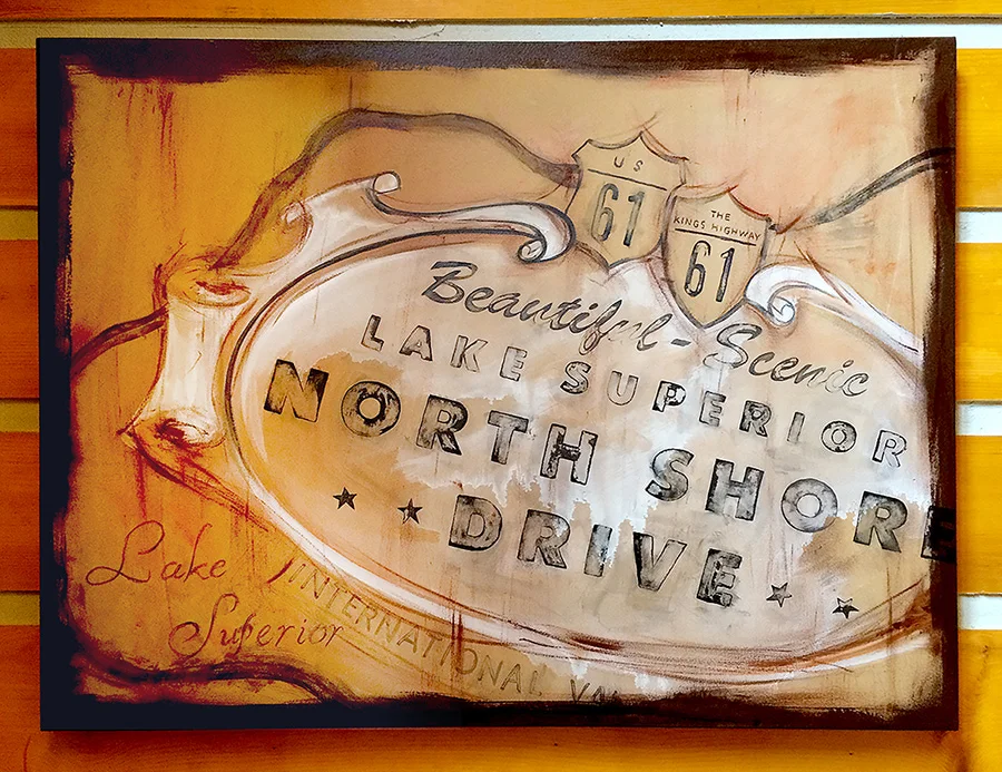  Hand-painted canvas using the reference from a 1960's Minnesota travel brochure. 