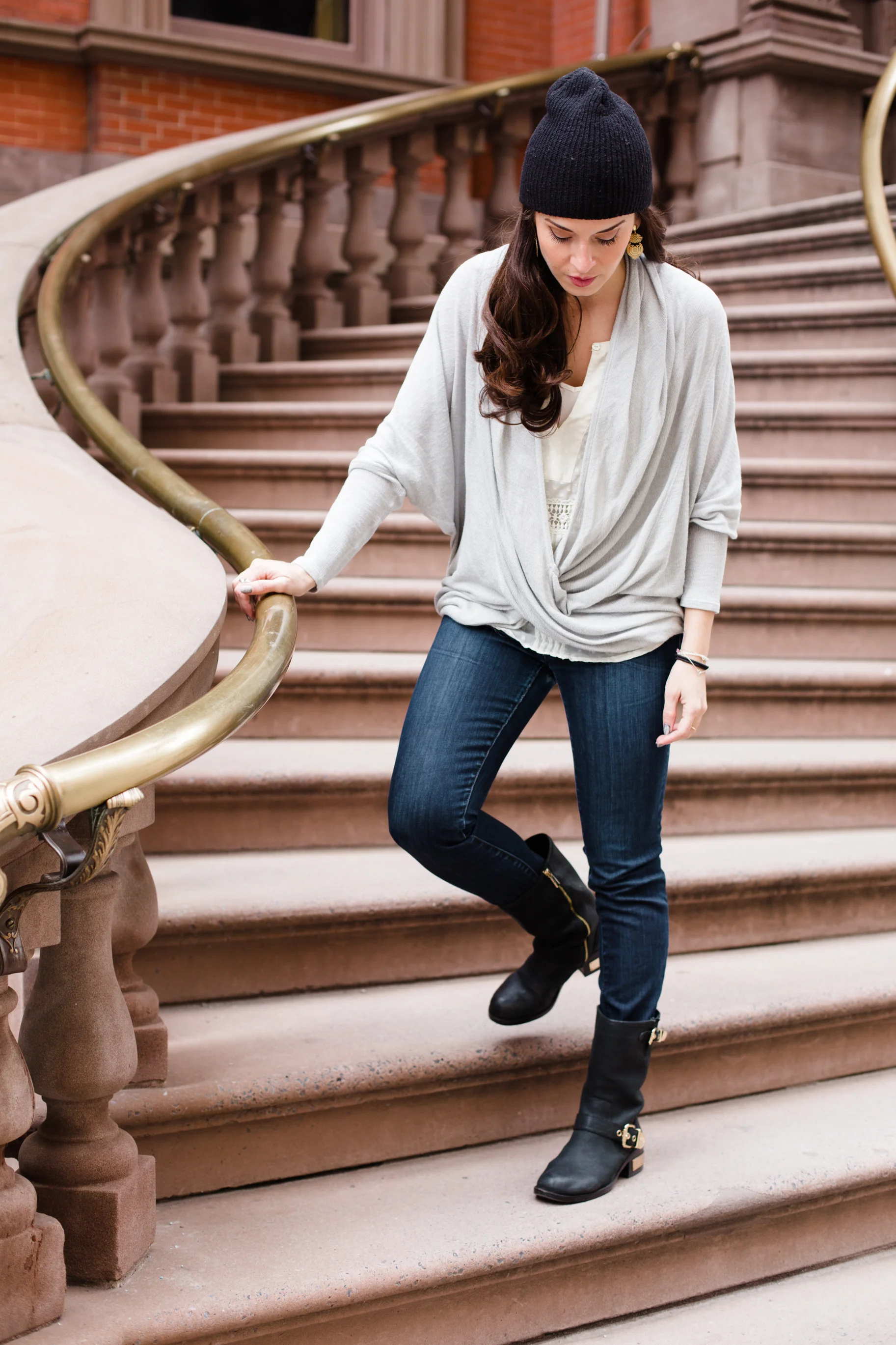 In my Vince Camuto Moto boots (now on sale!) JCrew matchstick dark denim skinnies, and Free People "We The Free Sheila Hacci" knit top. Shot in Philadelphia by Francisco Graciano .