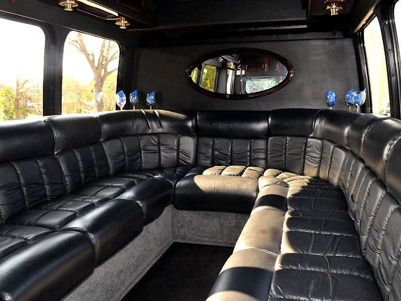 Luxury limo coaches with plush seating.