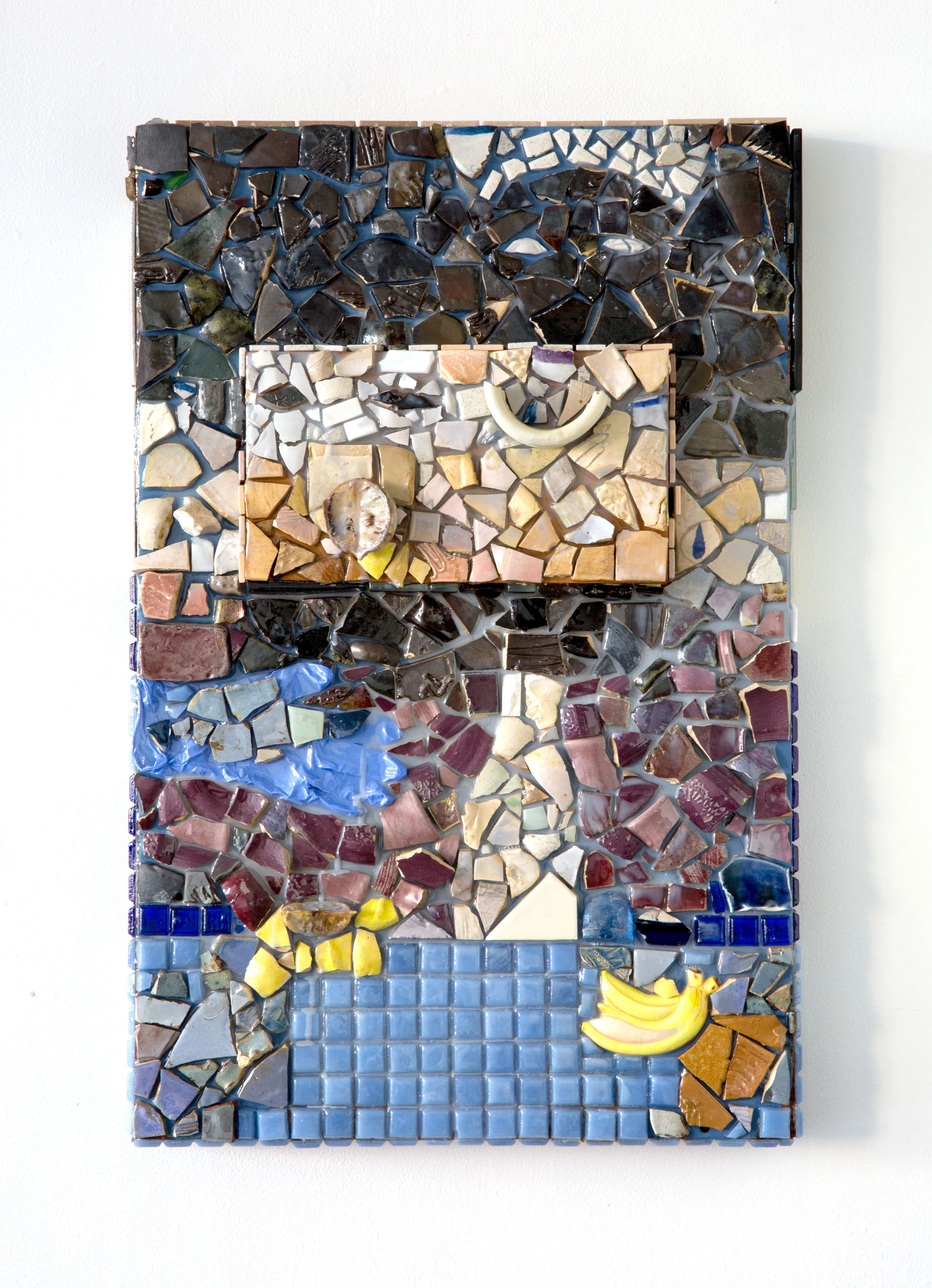  Untitled, 33 x 22 ", ceramics, glass, rubber glove, lemon, resin, on wood 