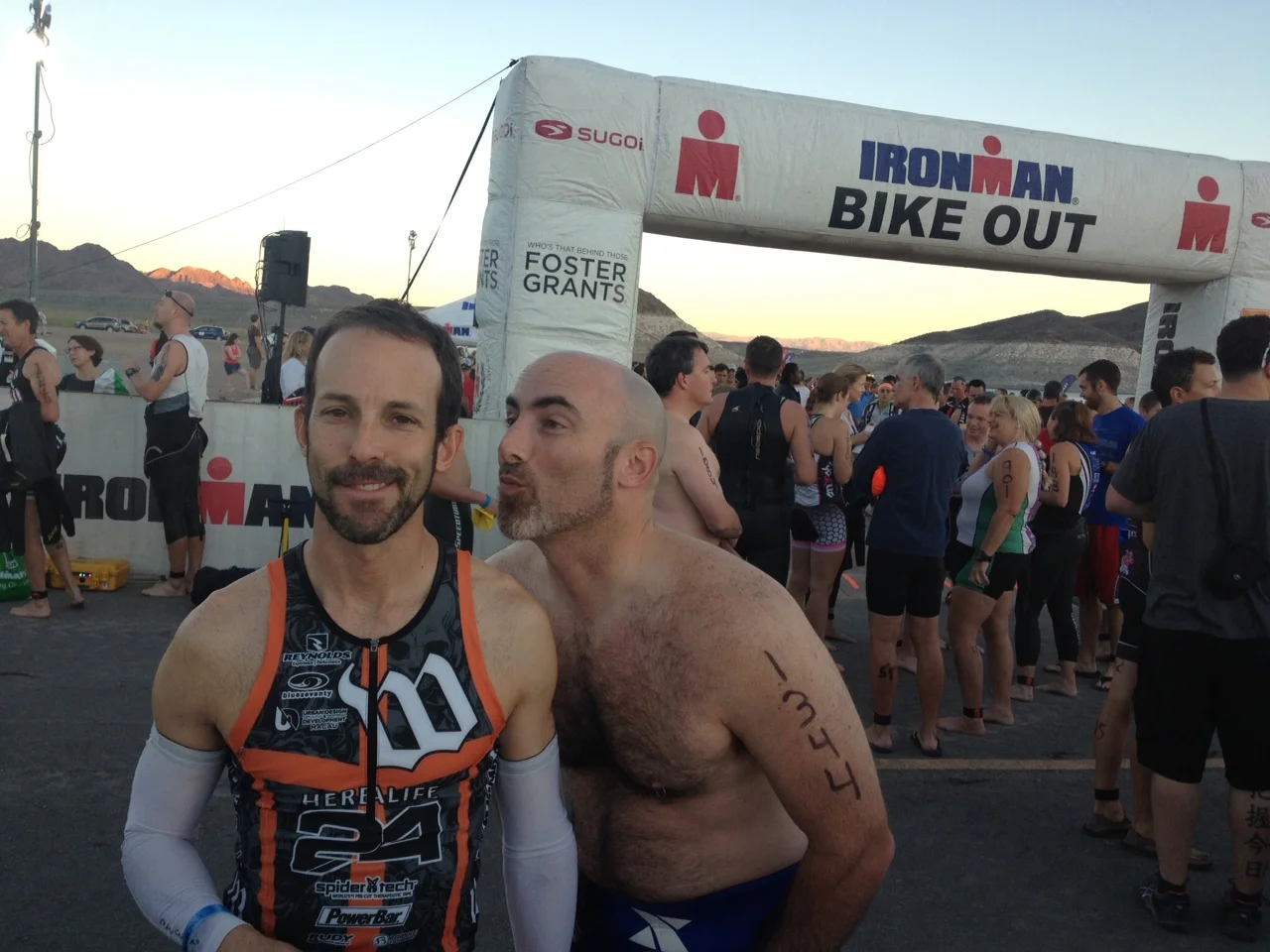 My goofball friend, Kevin. He shows up with ZERO training (again), makes the swim and bike cutoffs and almost finishes the 13.1 miles in time. Race officials gave him a finisher's medal and hat when he crossed the line, which was nice.