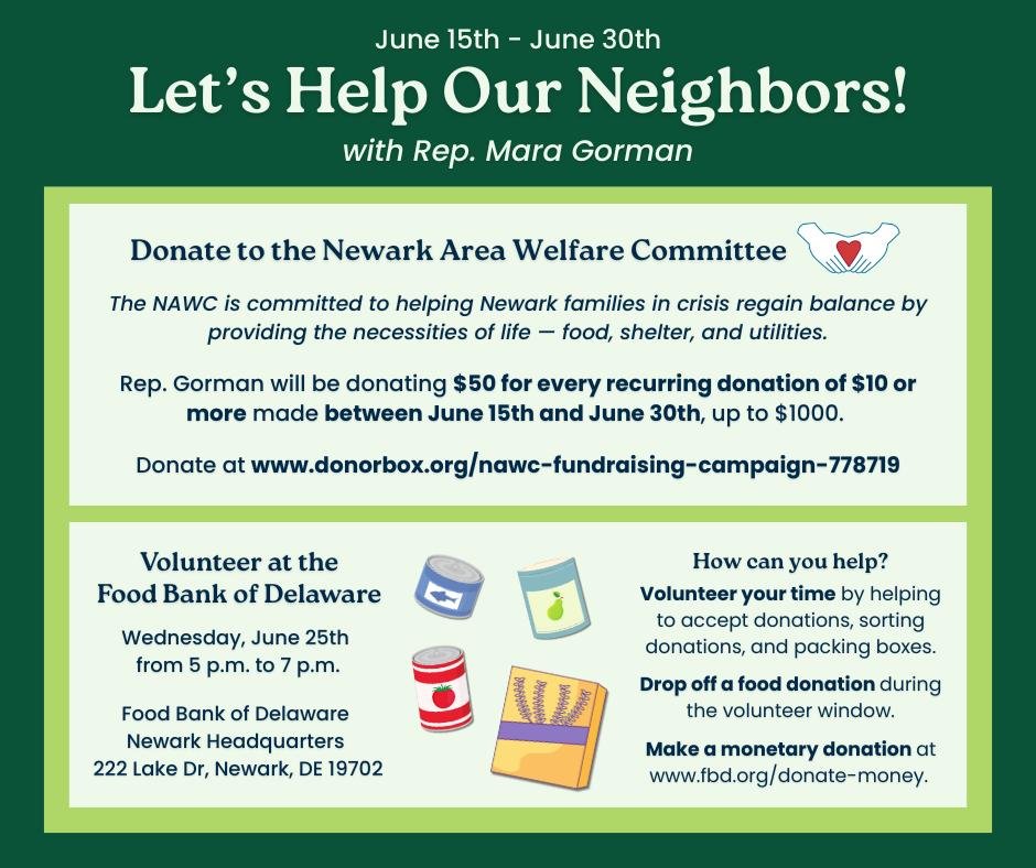 📣 Big news! From June 15&ndash;30, Rep. Mara Gorman is stepping up for the Newark Area Welfare Committee (NAWC)!

💙 She&rsquo;s donating $50 for every recurring donation of $10 or more &mdash; up to $1,000! It&rsquo;s the perfect time to make your 