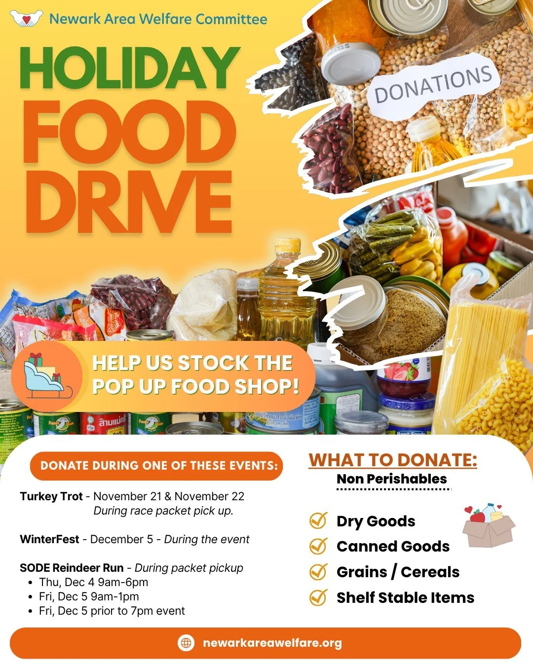 During the month of November, NAWC will be working hard to stock the shelves of their pop up food shop which helps those families in need during the holidays.

If you find yourself at one of these upcoming races/community events YOU can make a donati