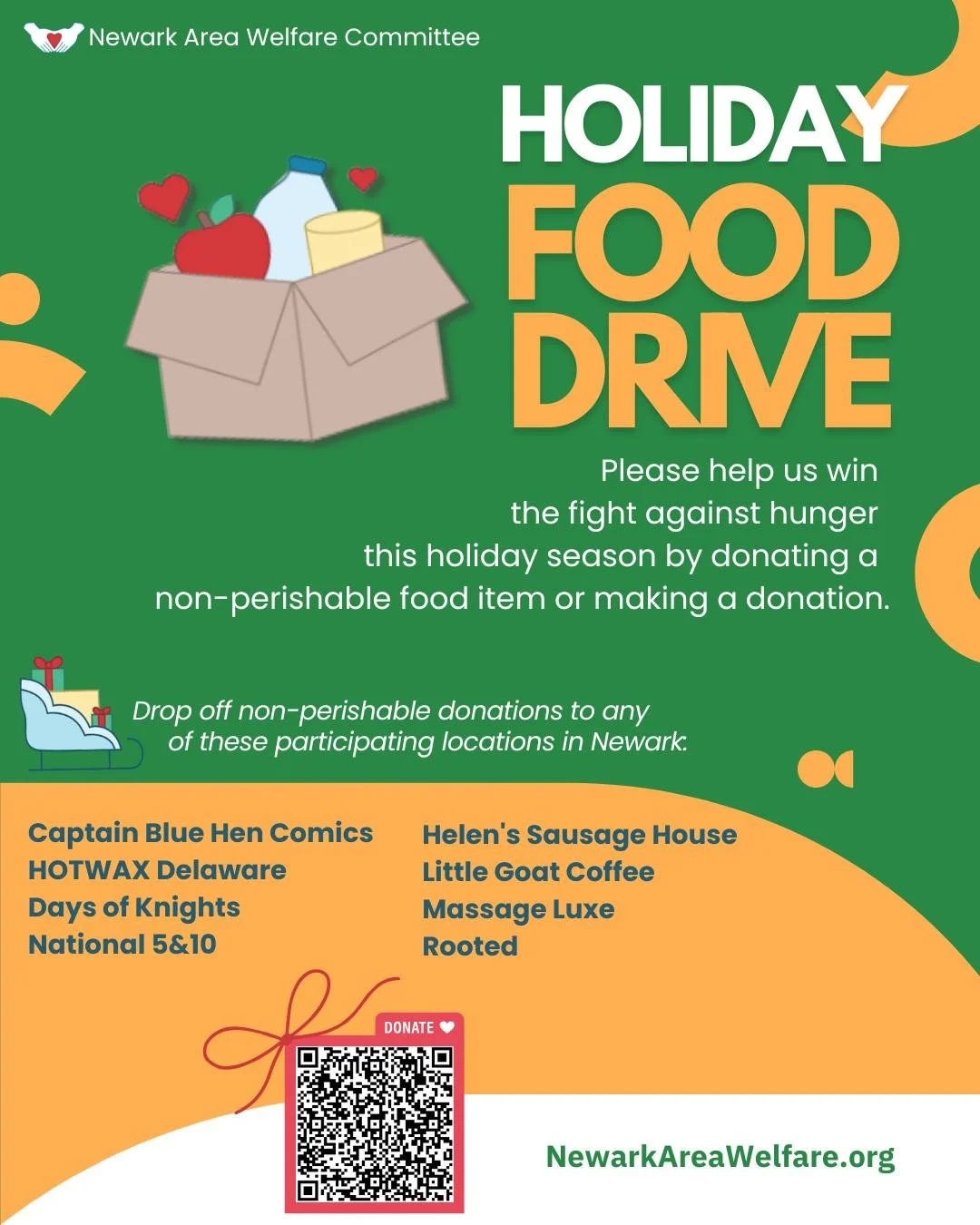 Newark Area Welfare Committee is holding its annual Holiday Food Drive to help stock the Pop Up Food Shop.

 Donations of non-perishable food items can be dropped off at the following locations in Newark:

Captain Blue Hen Comics @captainbluehen
Mass