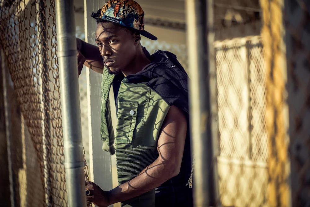 Male model doing an urban photoshoot.