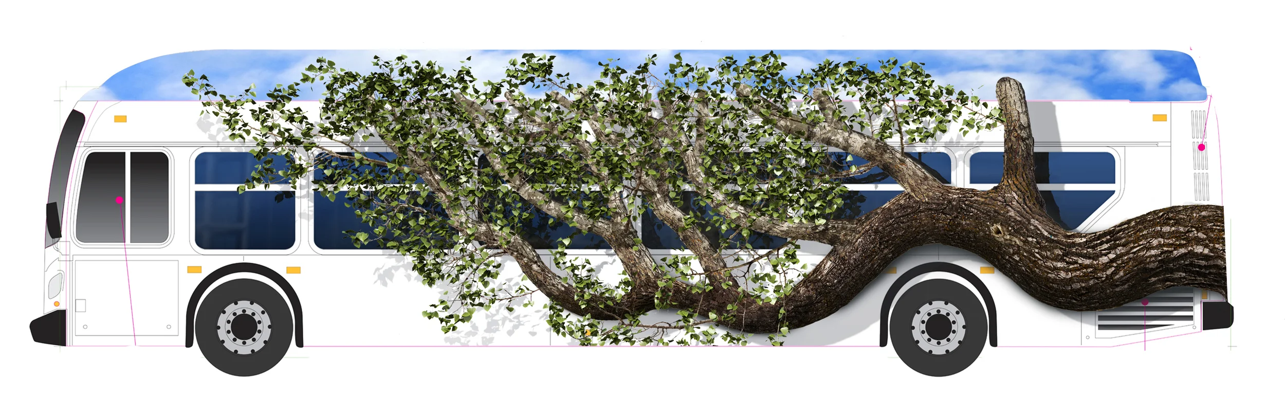 This was a project for Calgary Transit through Broken Box Studios. We had to create a realistic tree that looked like it had grown around the new compressed natural gas buses. The tree textures were shot in Fish Creek Park and moulded in CS5 to create the basic structure. The leaves were created in Lightwave using Instancing. A feature that creates duplicates of objects exactly where you need them. This was then wrapped onto the bus.