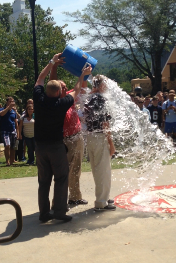President Jimmy Epting accepts the ALS Ice Bucket Challenge in front of the Todd Dining Hall on August 21, 2014. 