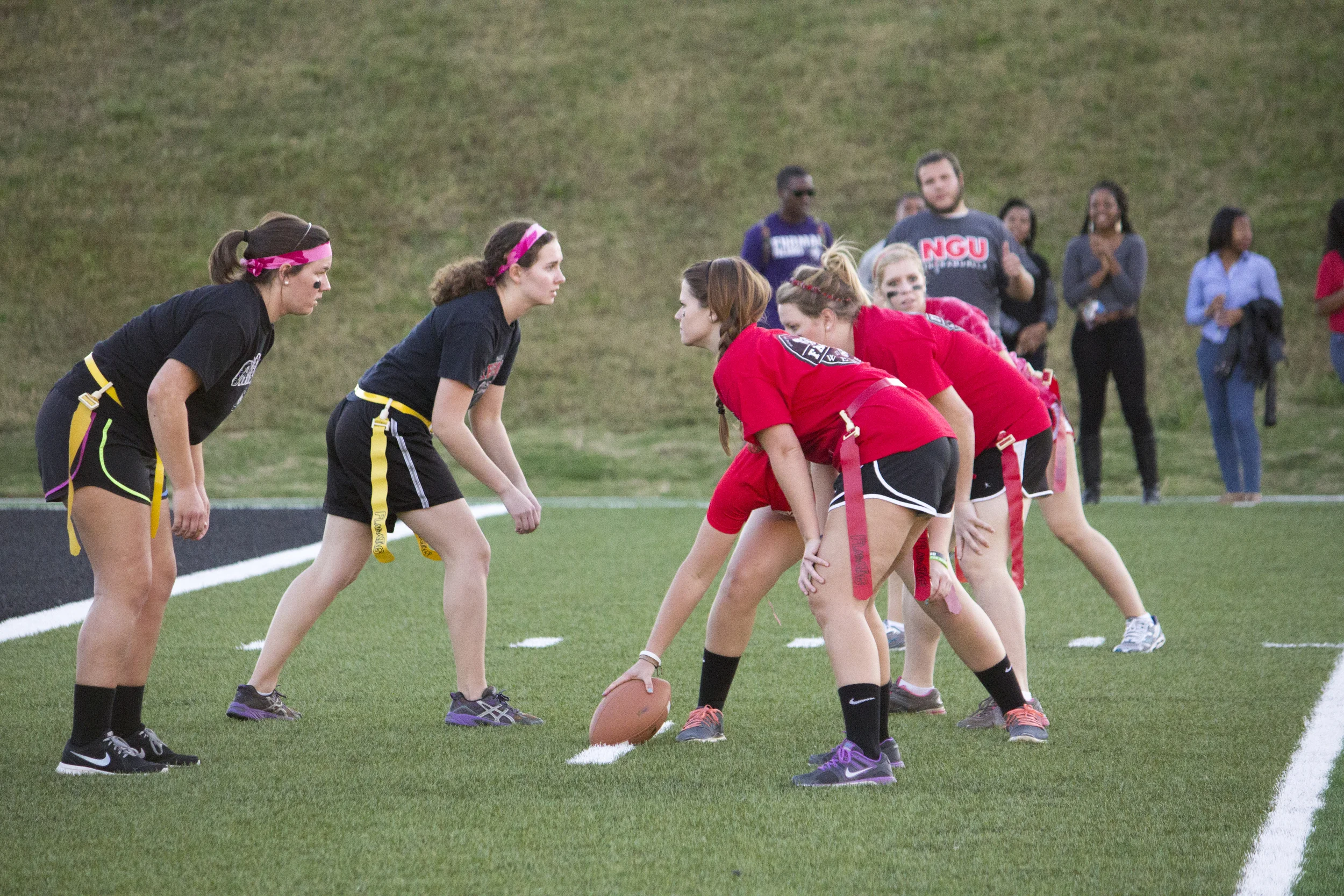 The senior team lines up for their next play.