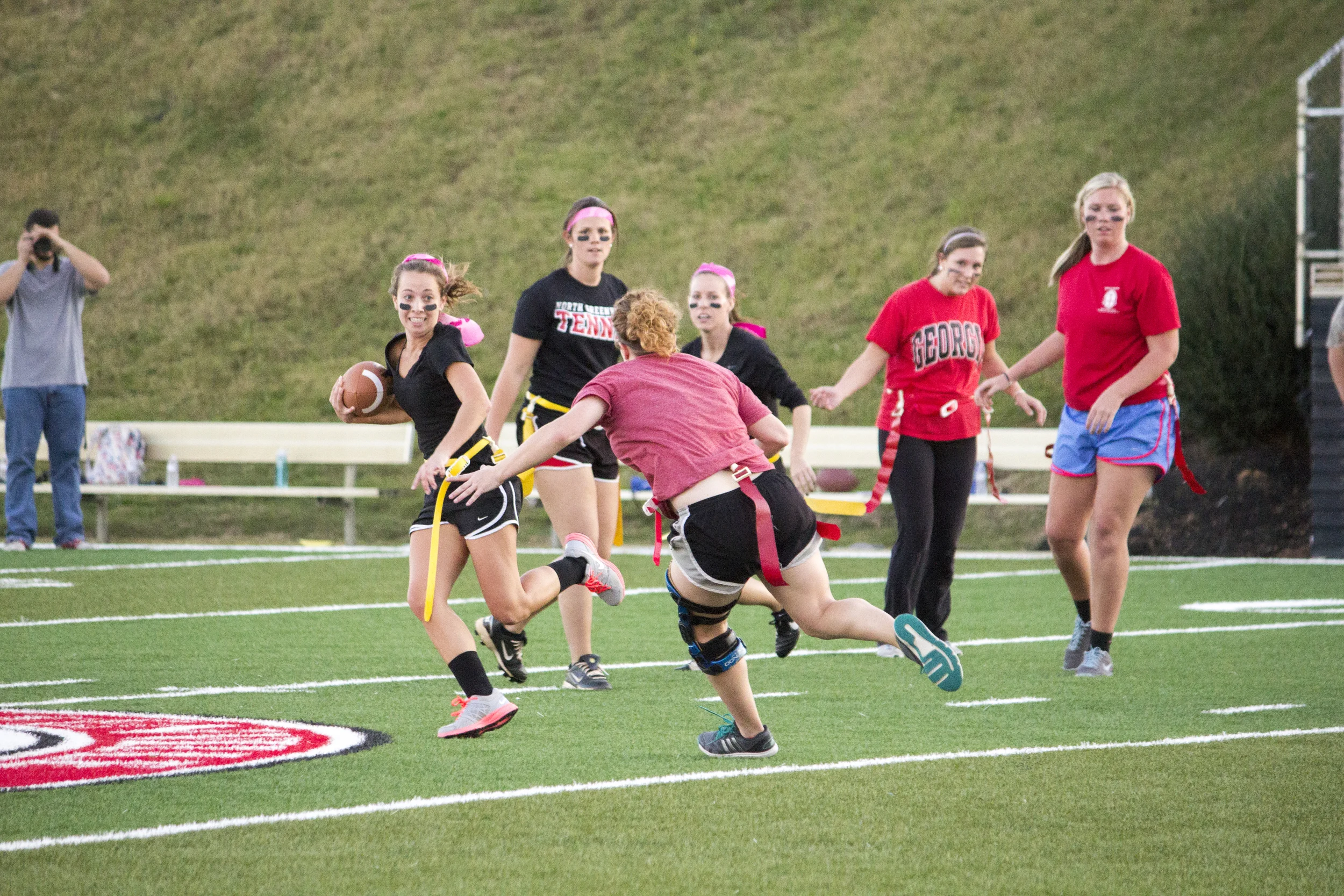 Senior Heather Dabbs anticipates Kacey Beck's running play. 