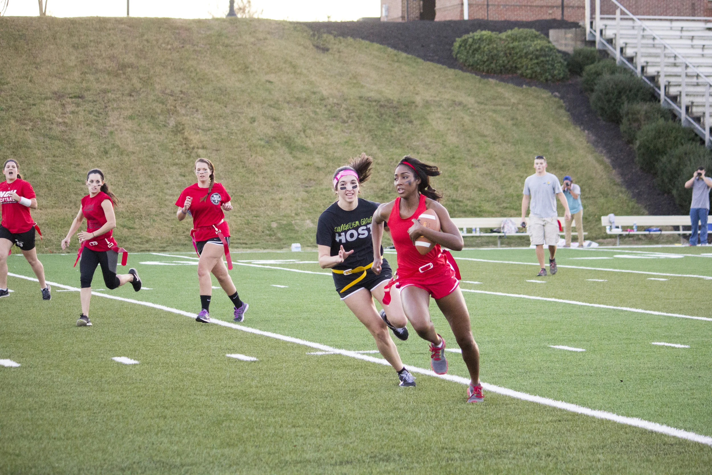 Junior Libby Sherer races downfield towards senior Jakia Whetstone to end the play. 
