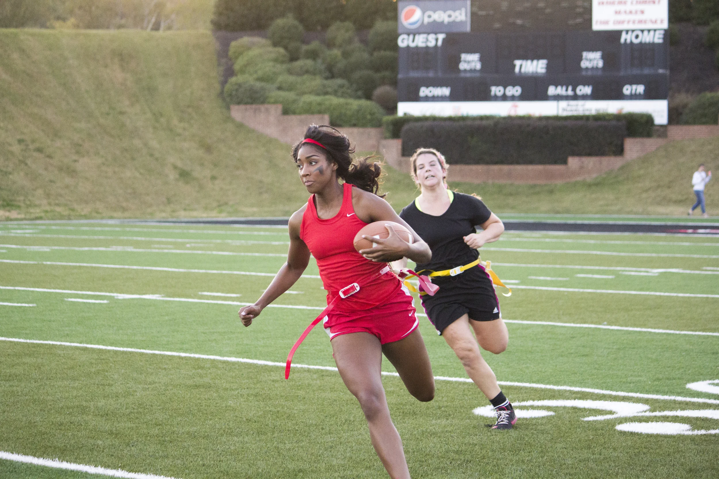 Senior Jackia Whetstone races down the sideline. 