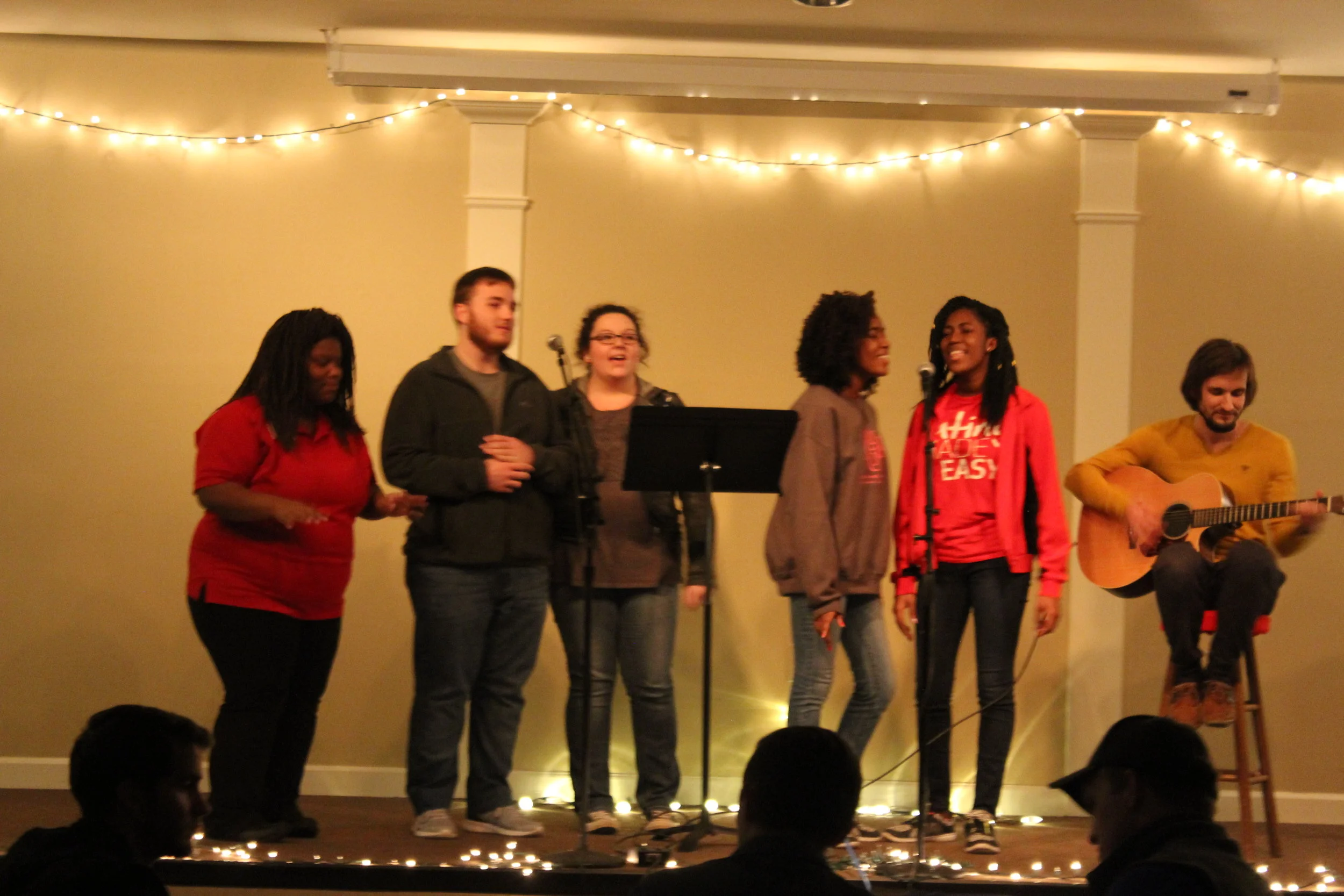 Zack and the five guys tearing it up and closing up the coffee house. 
