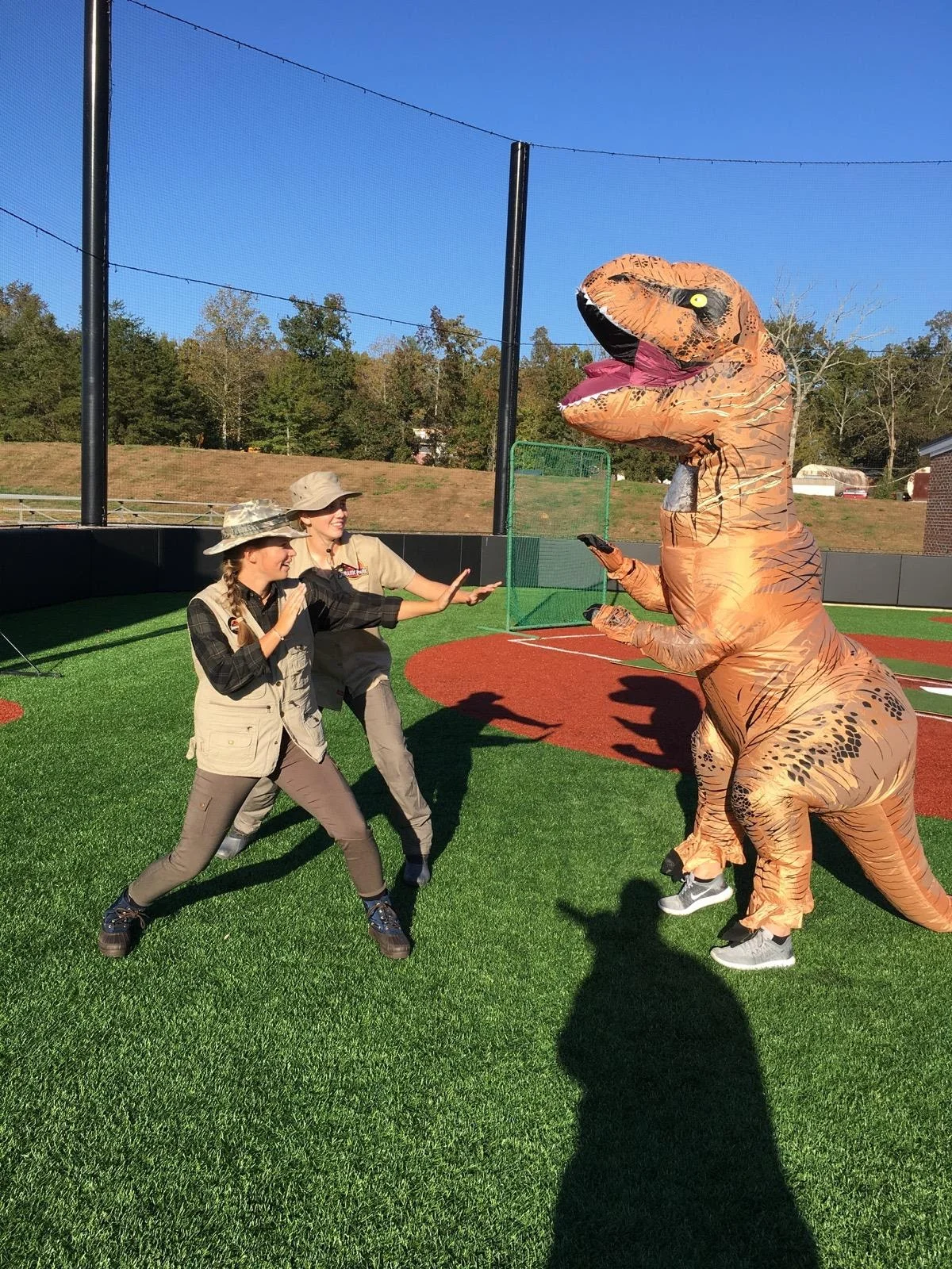 Freshmen Darbi Holmes and Taylor Koon get ready to fight freshman Jalein Griffin after discovering the horrifying T-Rex. 