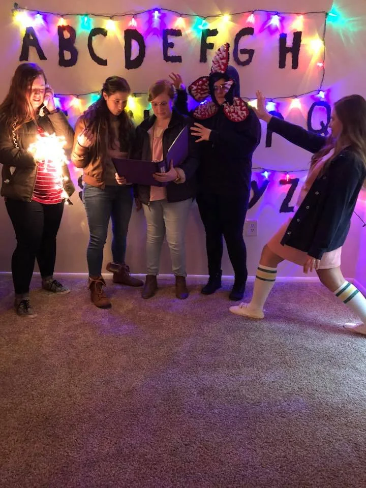 From left to right: Sophomore Rheannan Wyandt, Senior Elise Rimmer, Sophomore Mary Mahan, Junior Amy Hubbard, and Junior Danielle Ramey dress up as characters from one of 2017's most popular TV shows. 