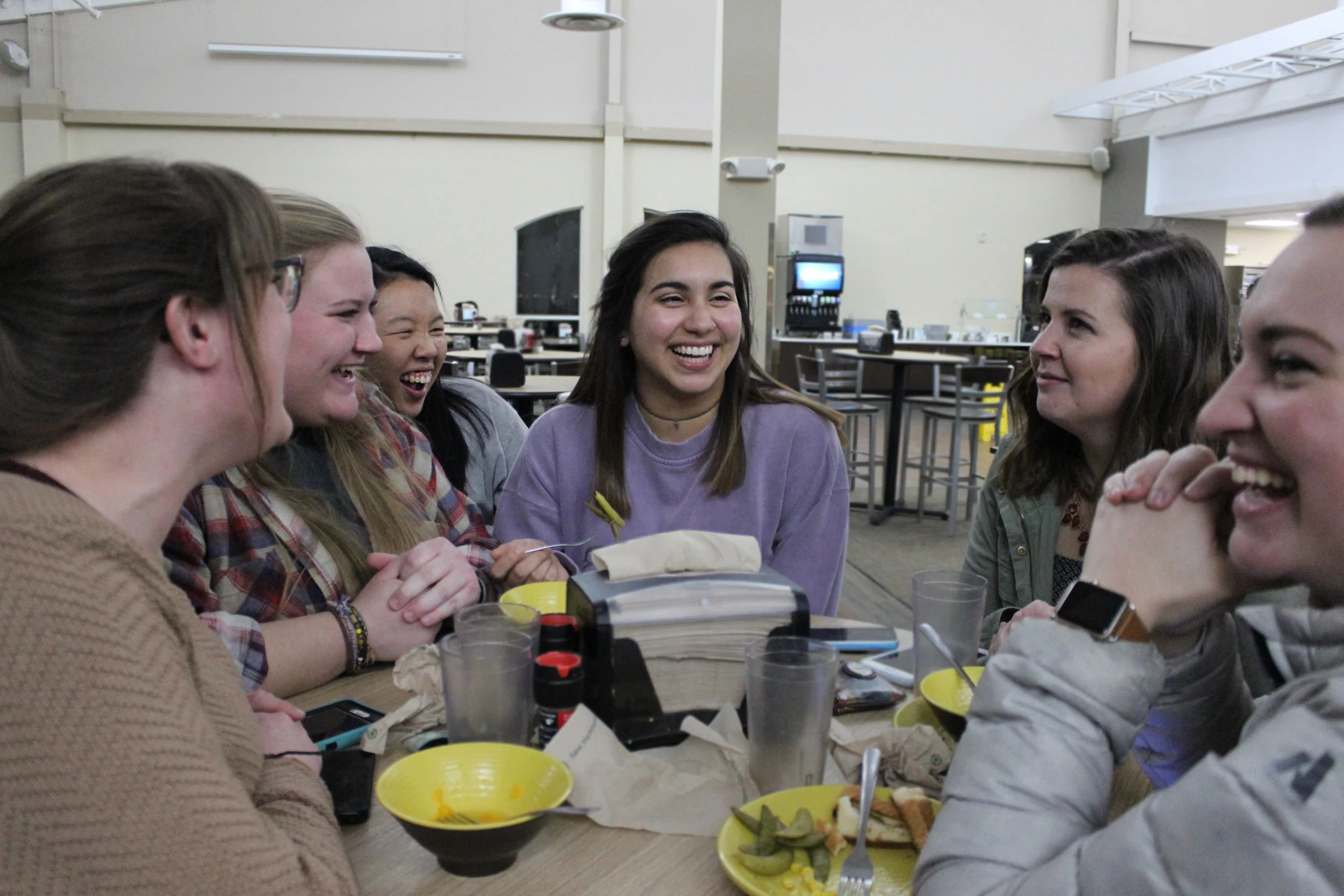 Victoria Spears, Sandi Gainey, Ashley Valencia, Kaitlyn Robinson, Dori Kelly and Bree Joplin laugh over some very corny jokes. (ei. What do you call a fake noodle? An impasta….) 