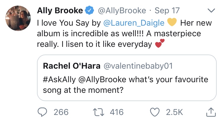 Shown on Ally Brooke’s Twitter