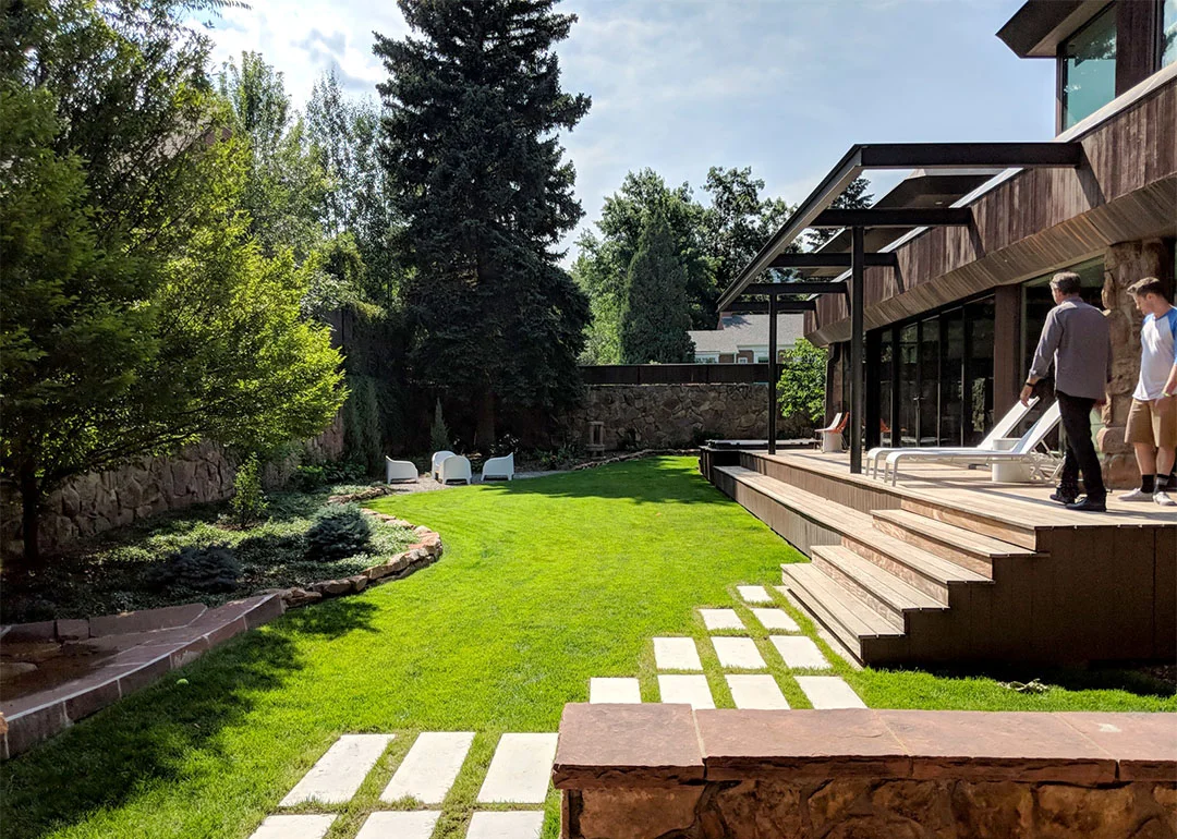 K. Dakin Design won the 2018 CARE award from the Custom Builder and Remodeler Council of Denver for the reimagination of the landscape around this classic organic-modernist home designed by Charles Haertling. The landscape design is inspired by the original home and it’s materials, especially the distinct, clean lines of the architecture and the natural, stone veneer found on the house and landscape walls.