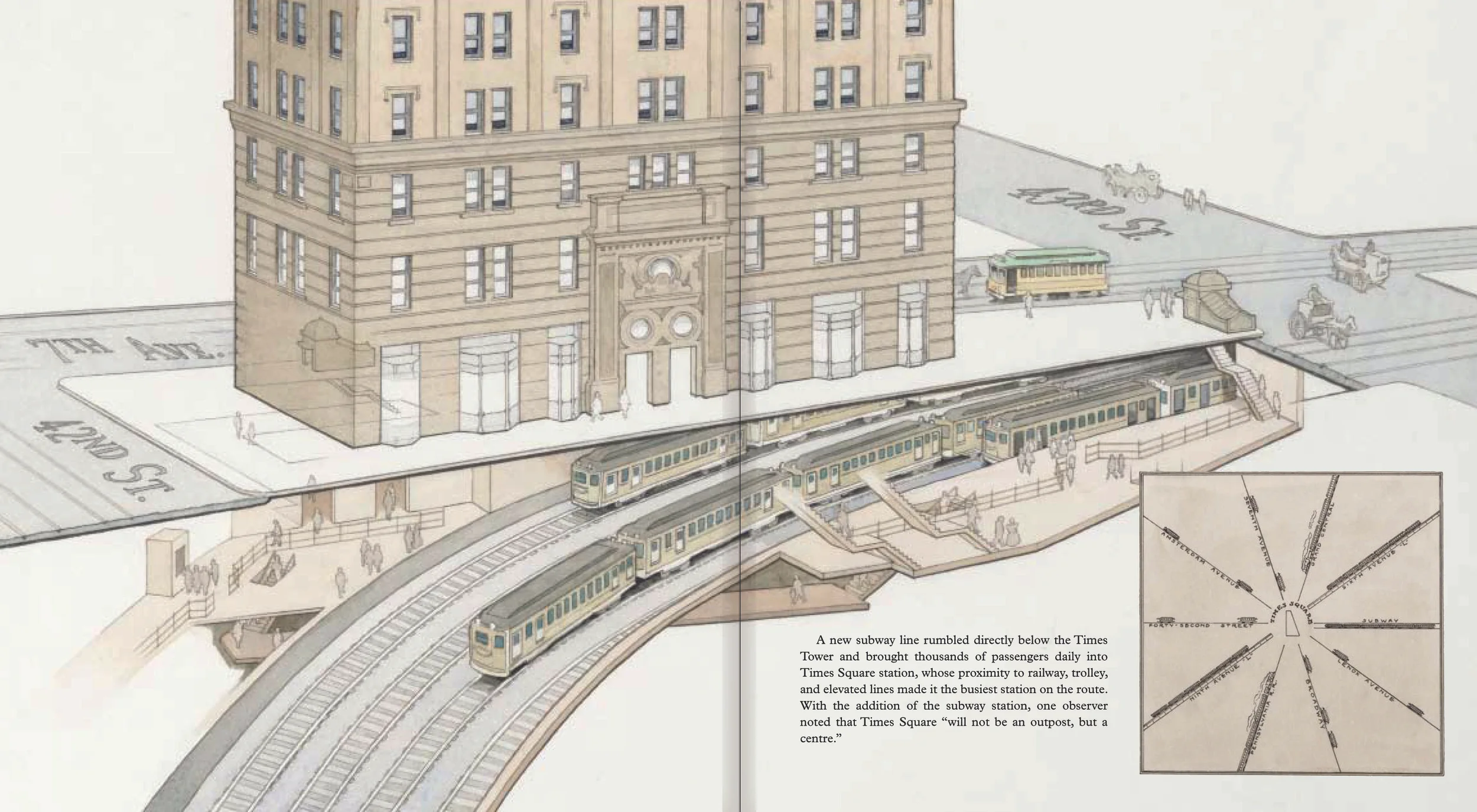 TIMES SQUARE SUBWAY STATION, 1904, pp. 14,15 One Times Square (David R. Godine), watercolor and line art 2011