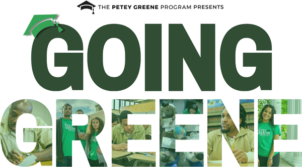 Going Greene with graduation cap and photos of people in the letters