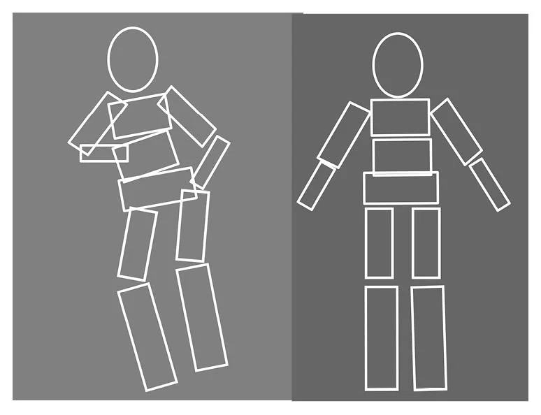 A white line illustration of body shape of young adult with disability without (on the left) and then with positioning support (on the right). It took years to develop and may take months and some times years to restore.