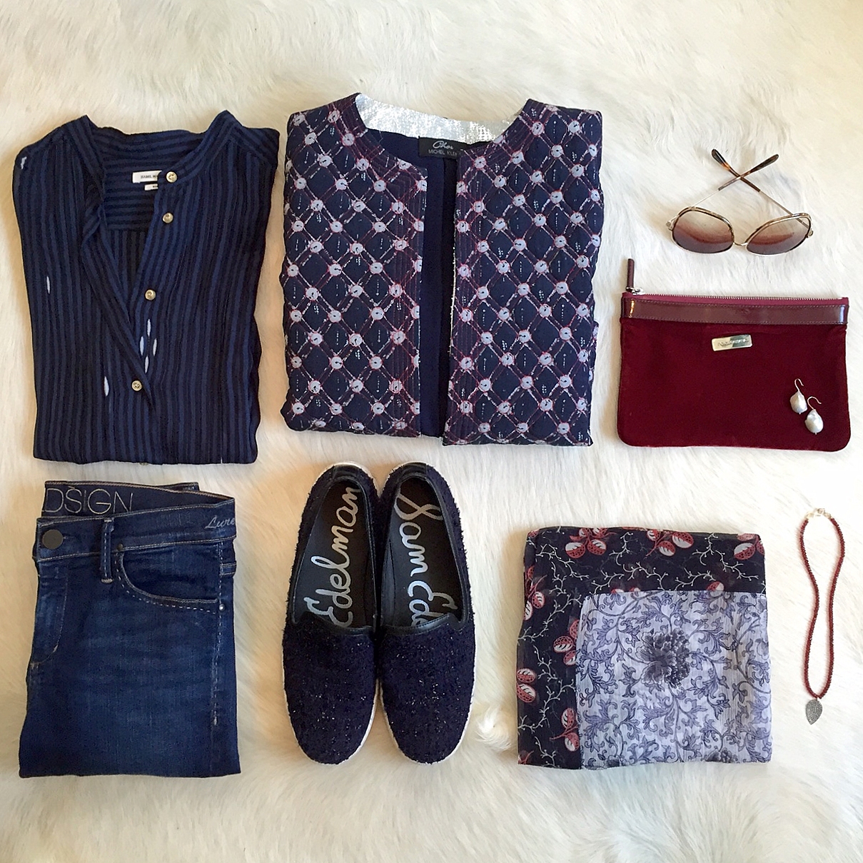 Blouse, Etoile by Isabel Marant ; jacket, Cher Michel Klein ; skinnies, Lure by Gold Sign ; loafers, Sam Edelman ; scarf, Michel Klein; clutch, vintage Dolce & Gabanna ; sunglasses, Oliver Peoples ; earrings and necklace , Designs by Alina. 