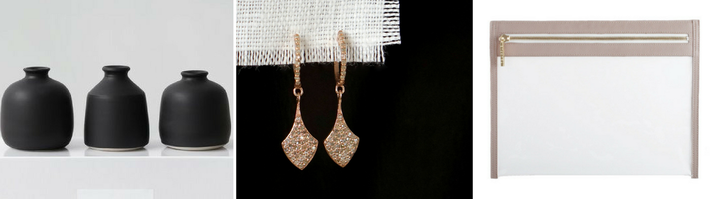 From left: Gerhard Ceramics Bud Vase Gift Set, Designs by Alina Diamond Shield in Rose, Truffle Clarity Large Clutch