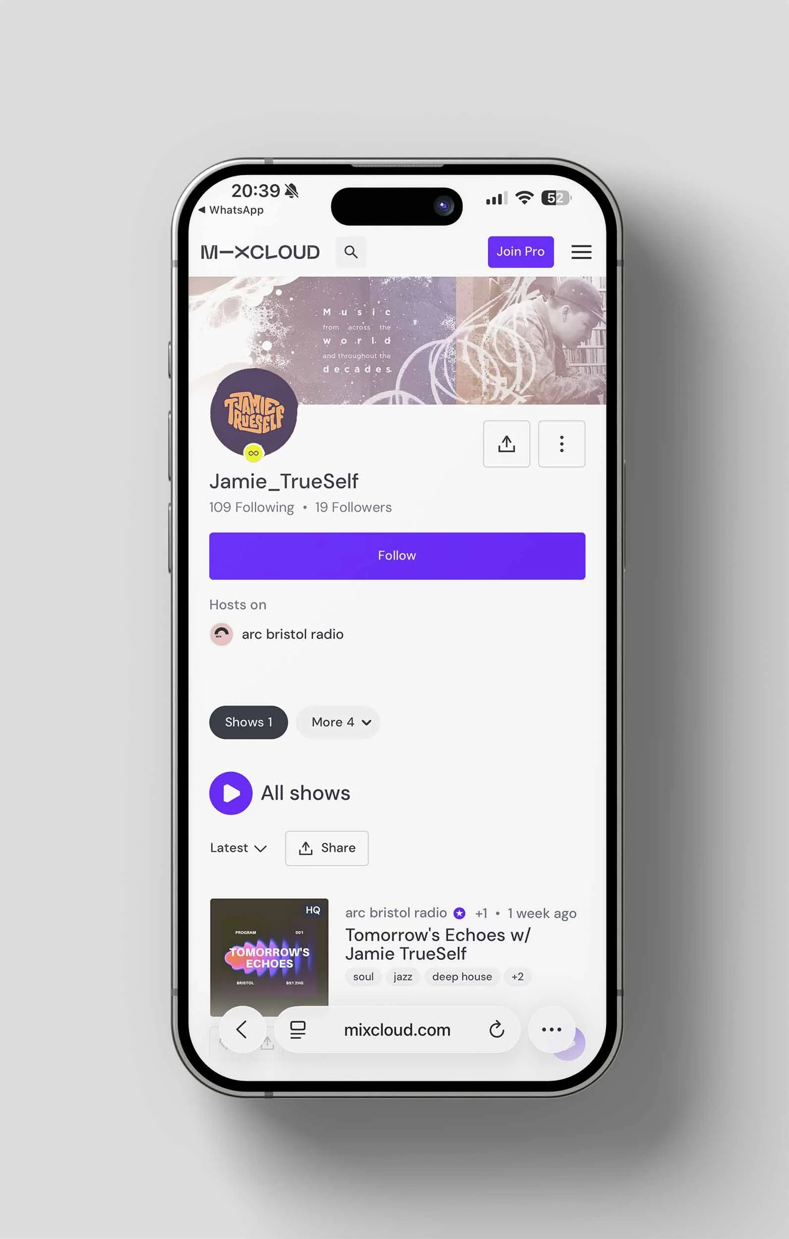 mobile phone mockup featuring the mixcloud page for the artist