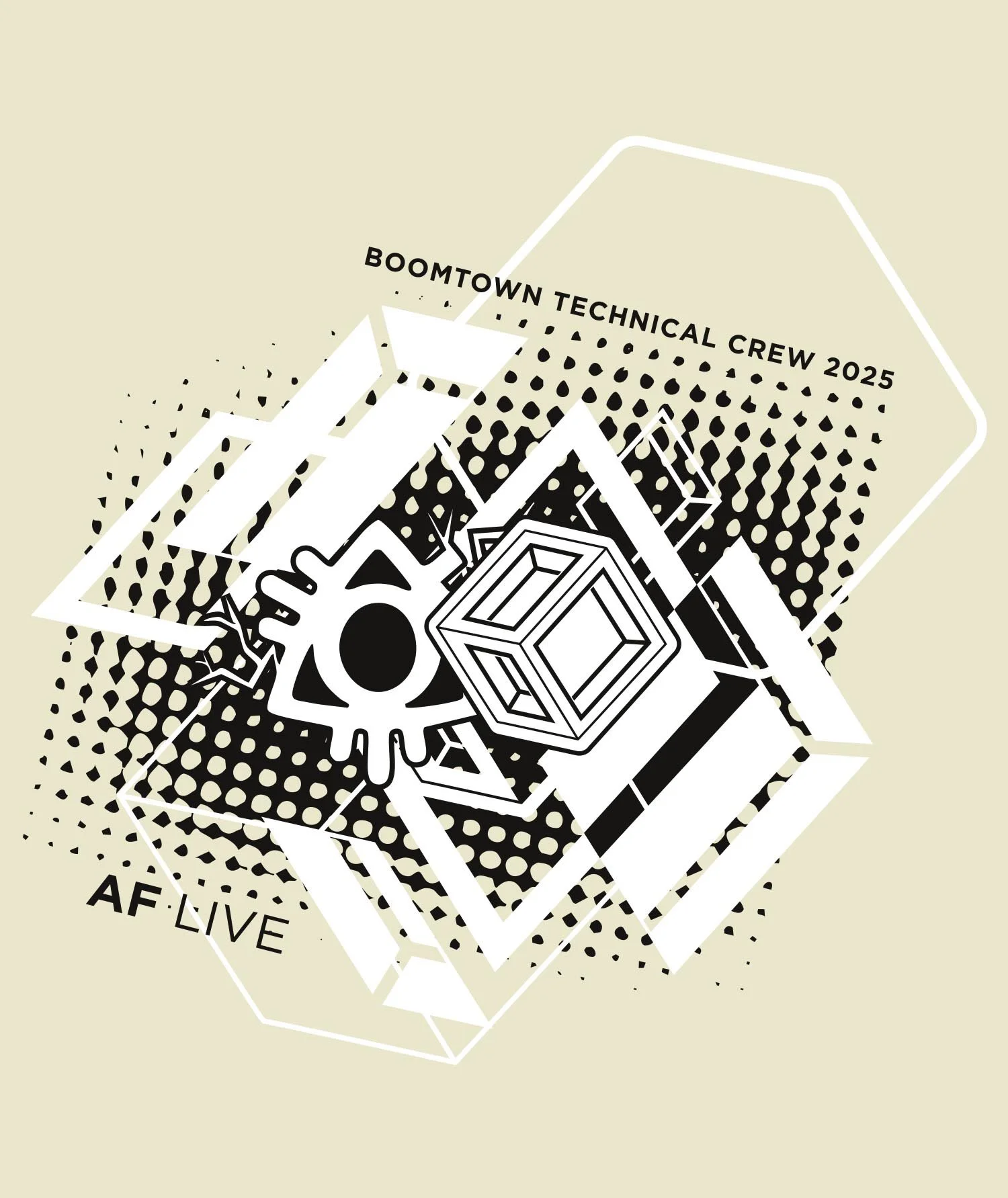 Black and white design on cream background featuring abstract shapes exploding from behind the boomtown and AF Live logos in the center