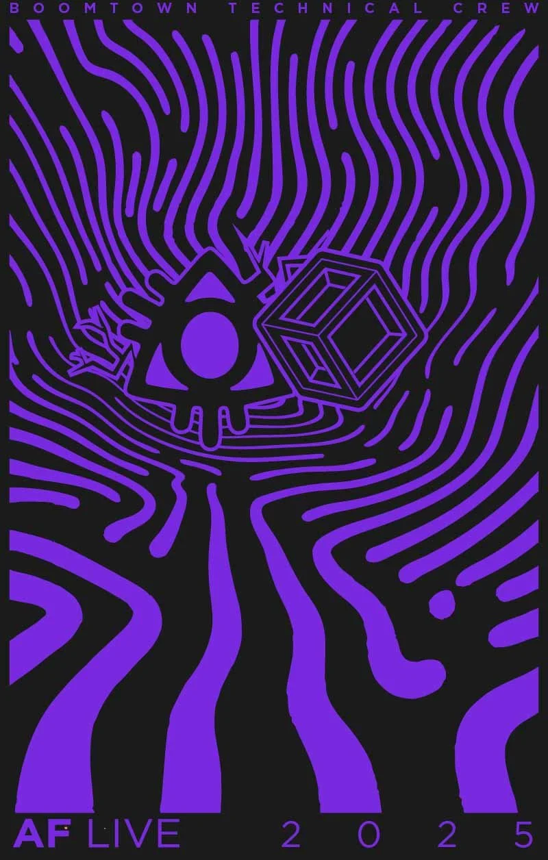 Detailled view of purple wavey shapes with the boomtown and AF Live logo central on a black background