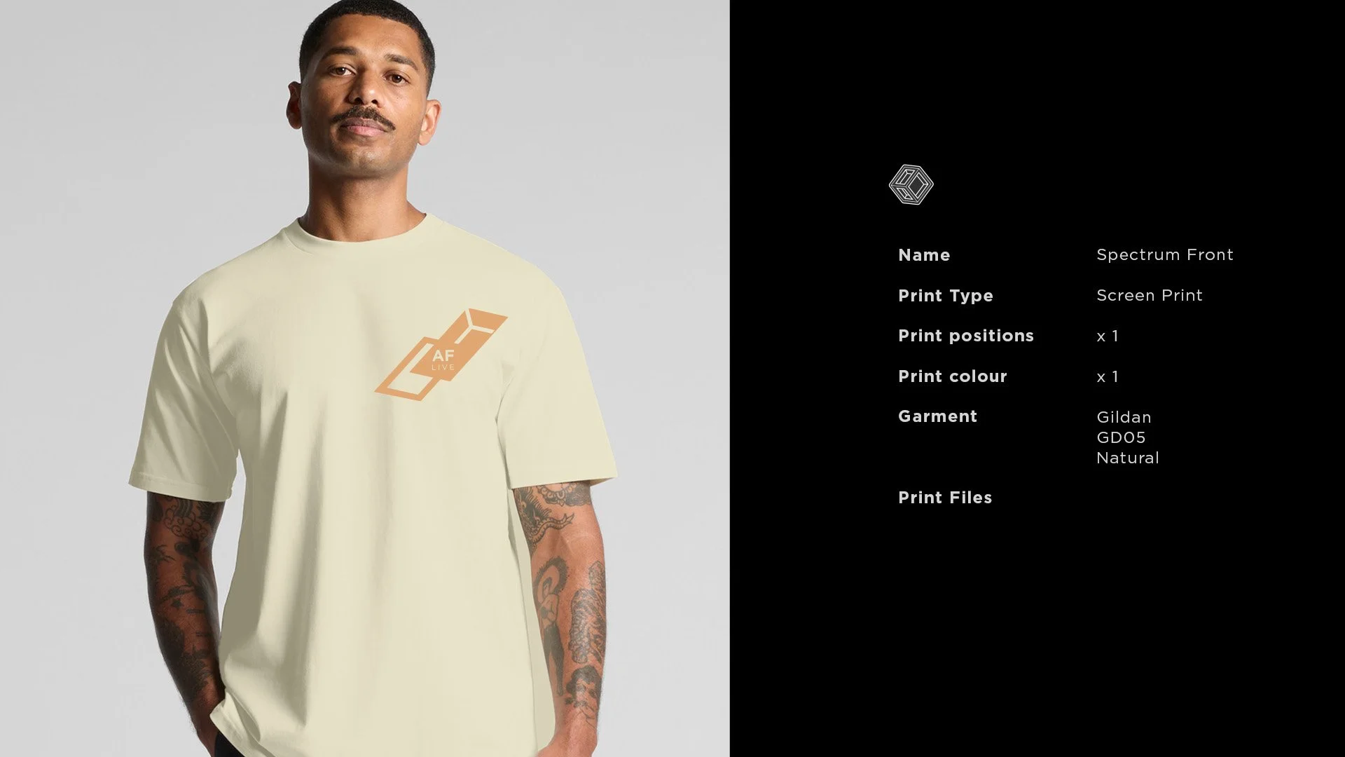 Male model displaying an orange chest design of the AF Live Logo on a cream t-shirt with technical details shown on the right hand side