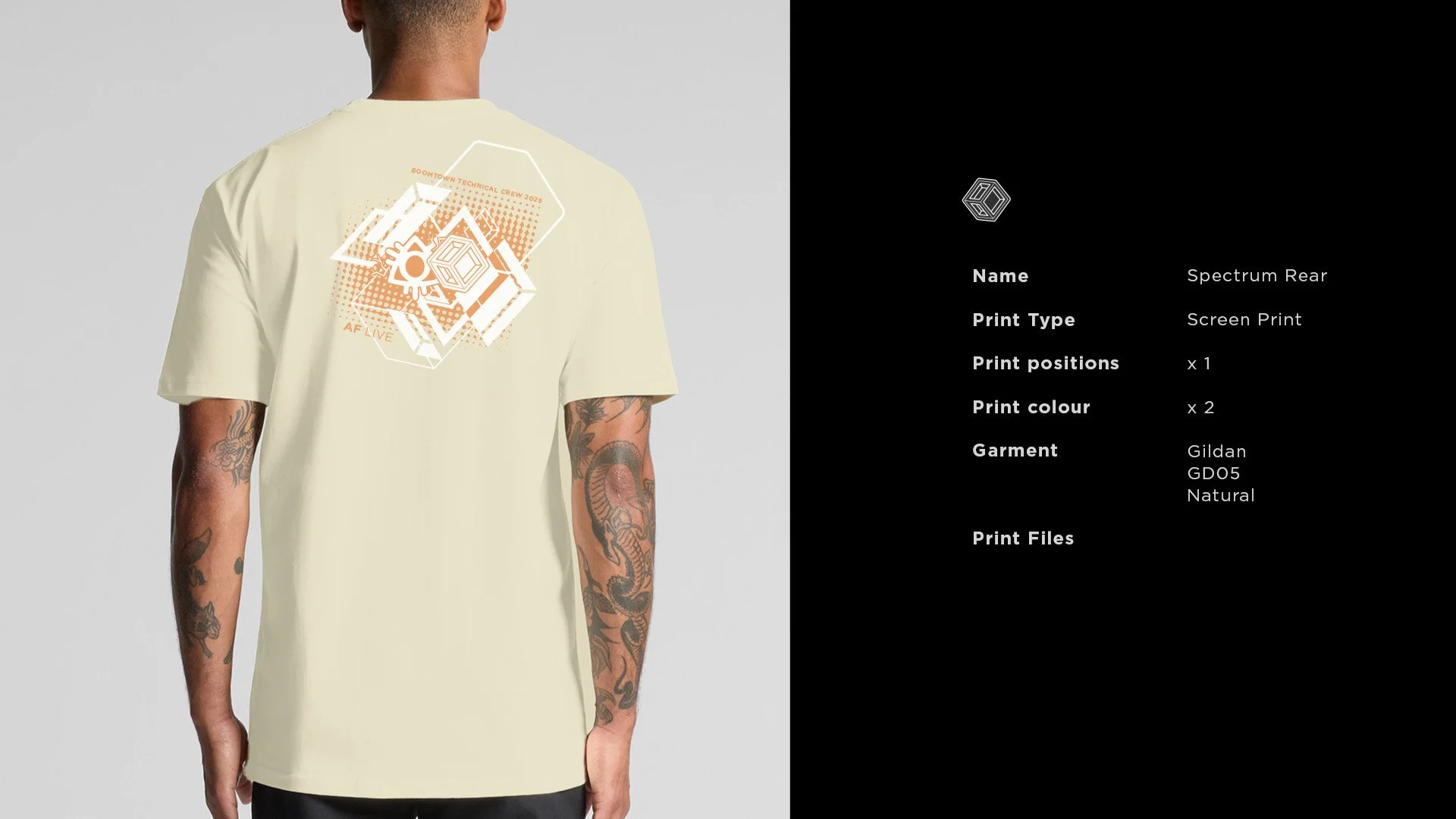 Male model displaying an orange and white abstract lillustrative design of exploding from the center, a cream t-shirt with boomtown logo and technical details shown on the right hand side
