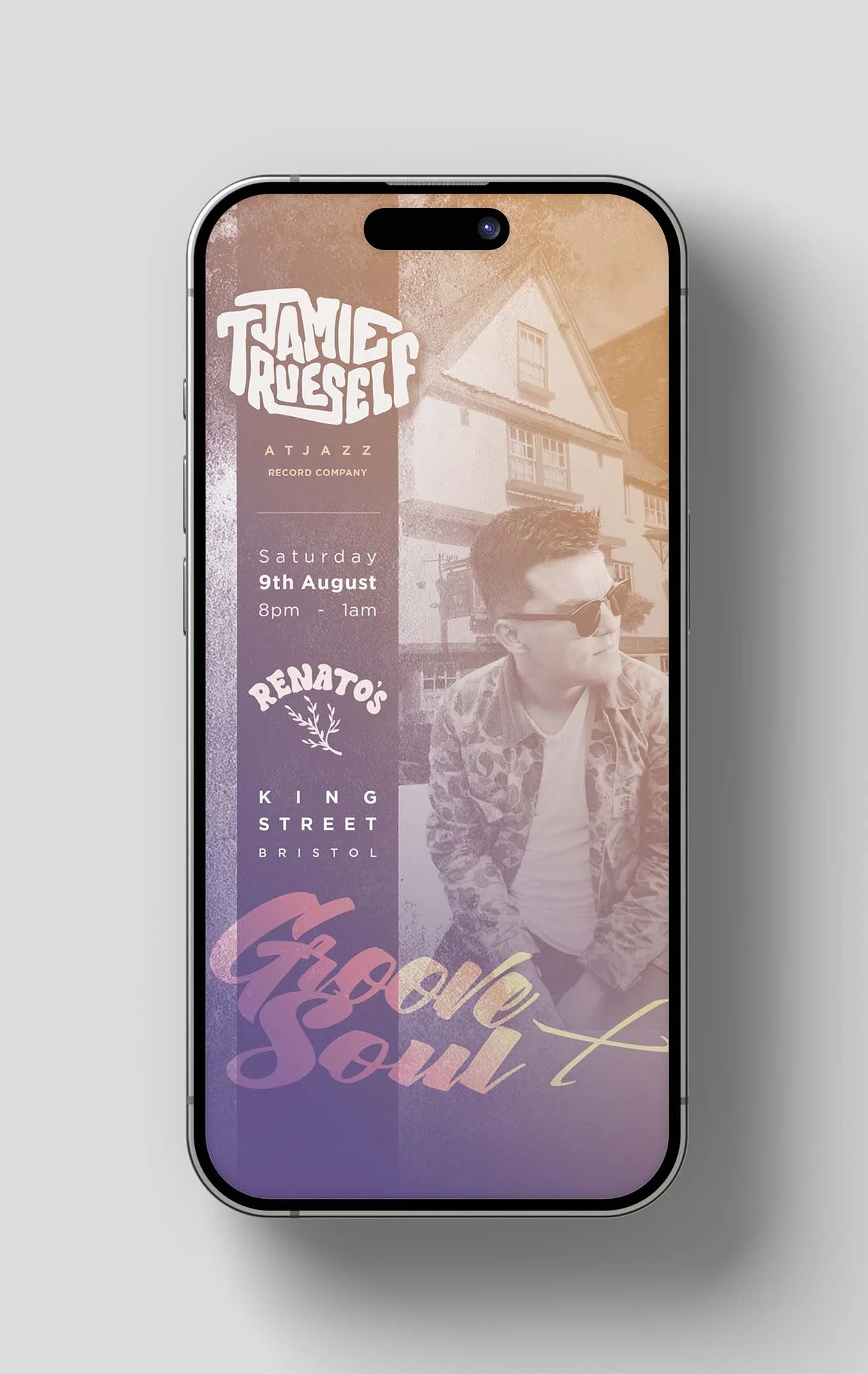 mobile phone mockup of an instagram reel advertising a night of music featuring the artist and logo coloured in a purple and orange hue