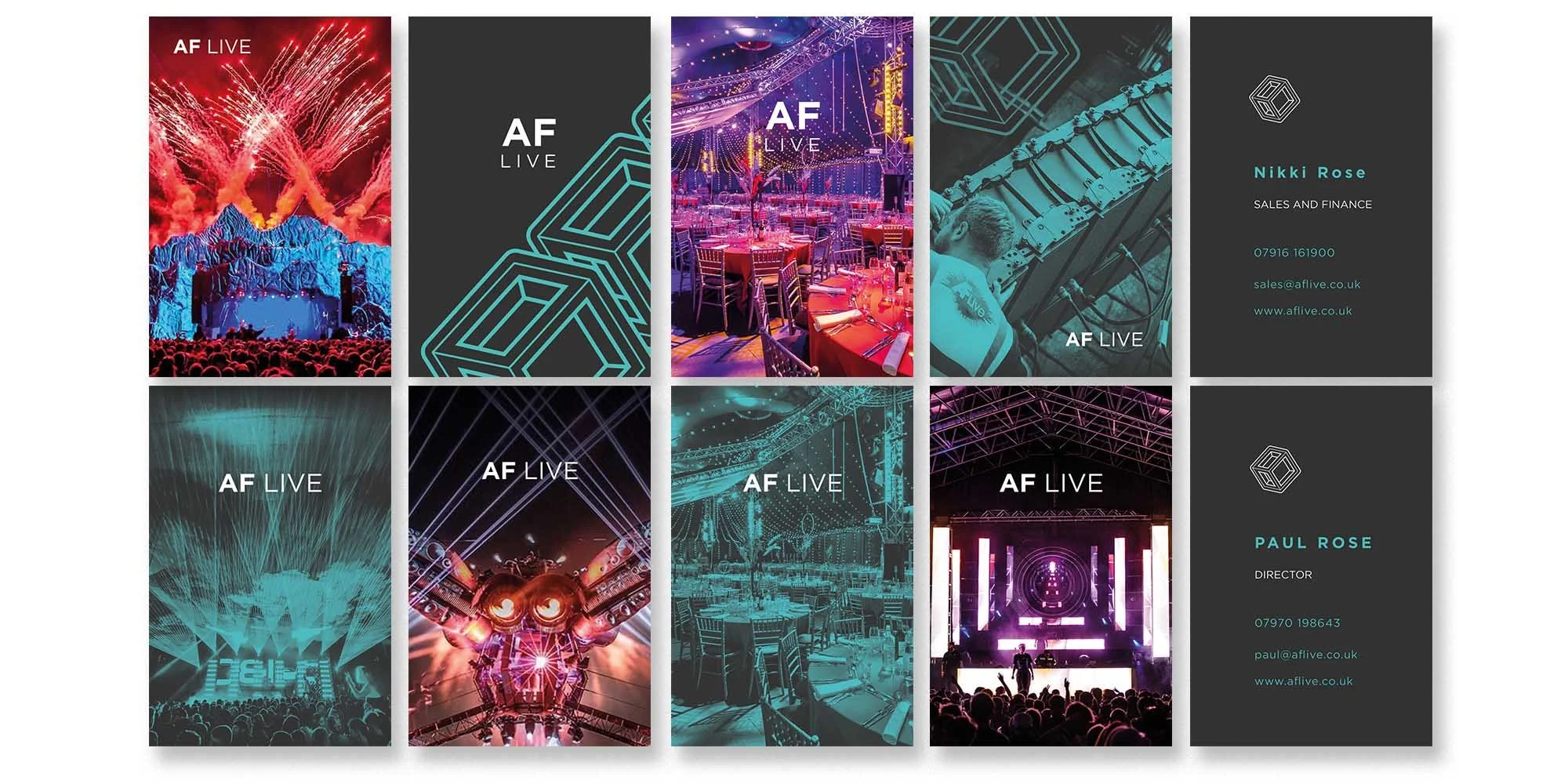 a range of images showcasing live events and contact details of company employees styled to compliment the brand look and feel