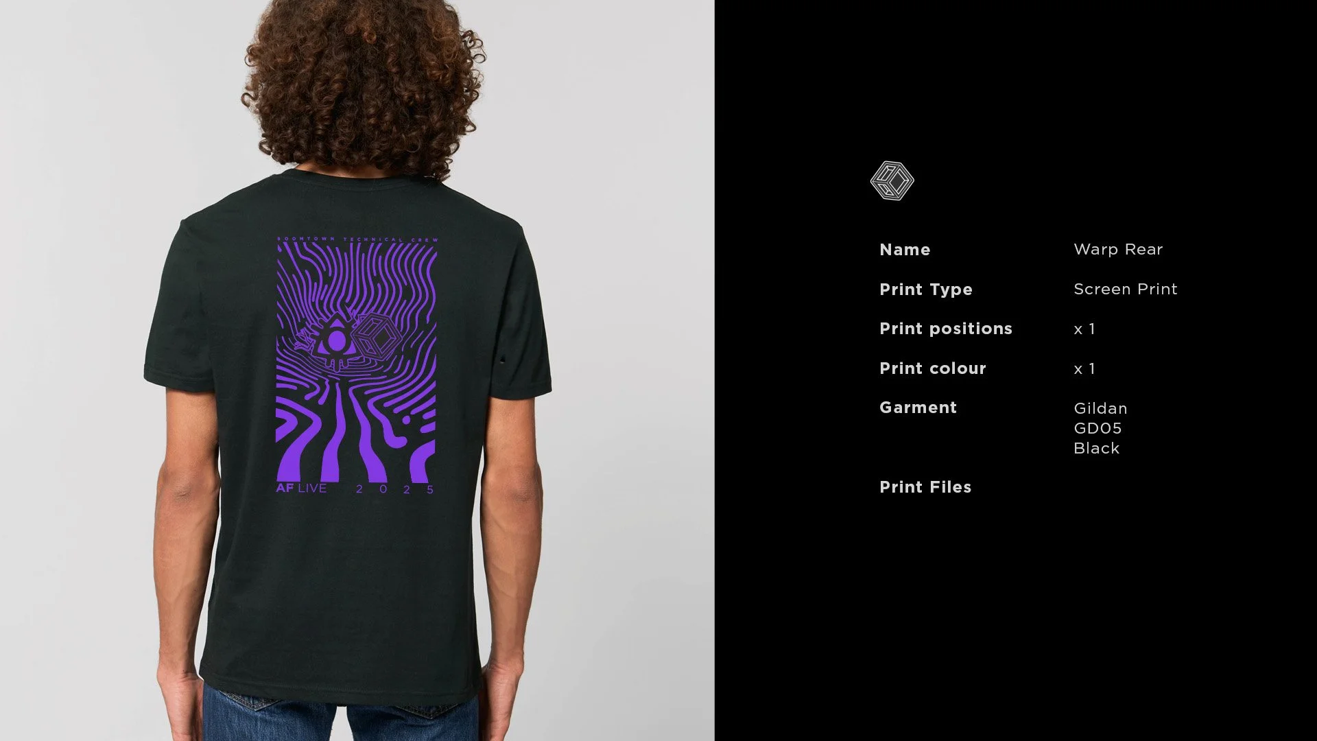 Male model displaying a purple lillustrative design of waves on a black t-shirt with boomtown logo and technical details shown on the right hand side